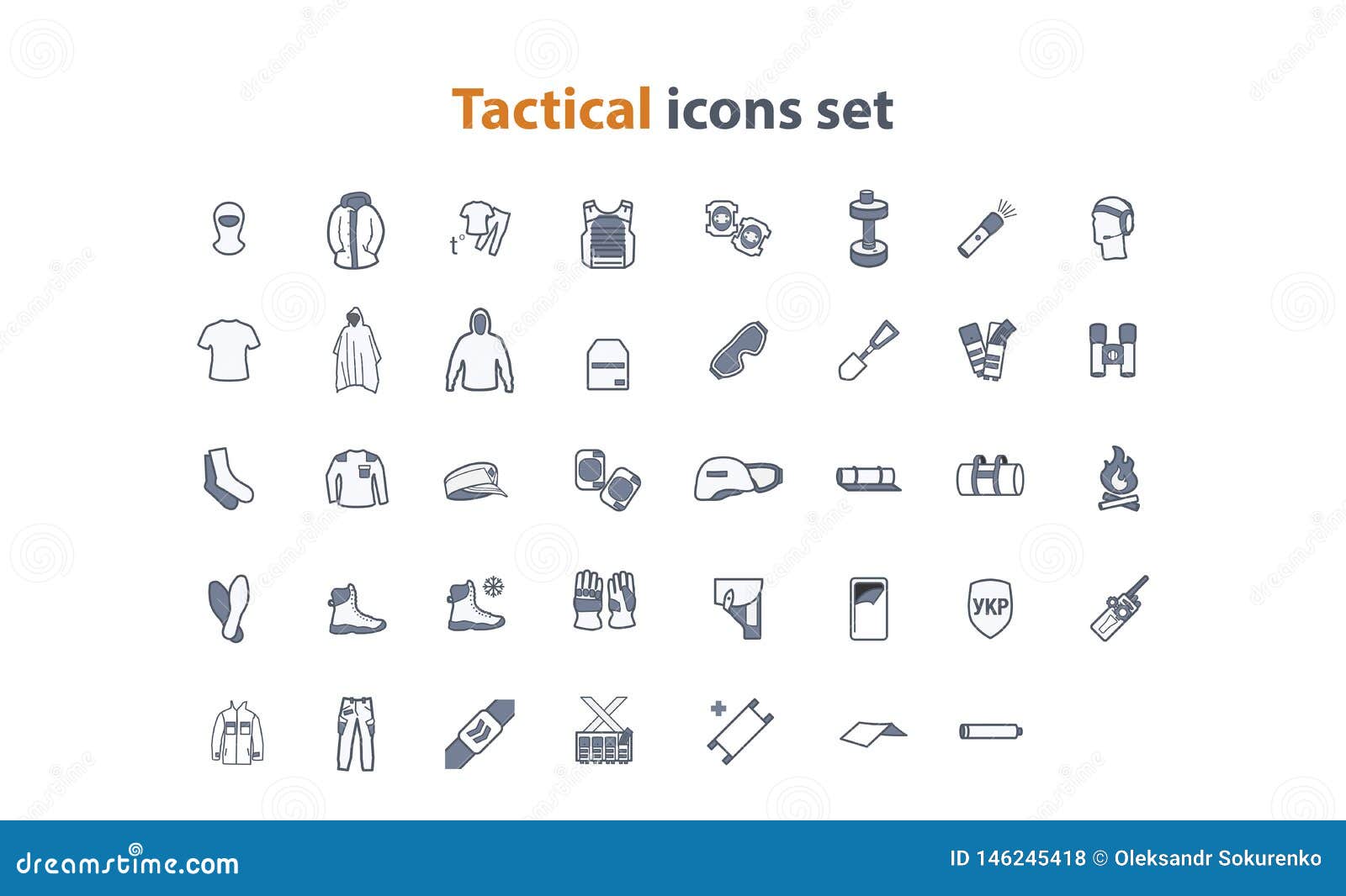 tactical web icons set in flat style with equipment, clothing and recreative stuff.