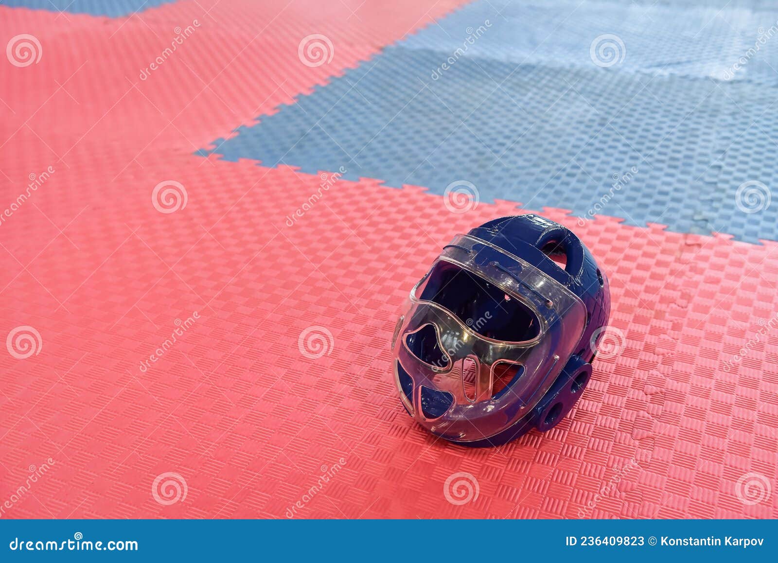 Taekwondo Head Guard for Children on a Training Mat with Copy Space