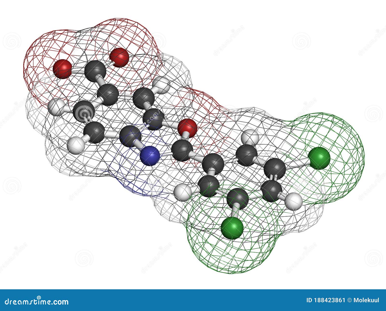 tafamidis familial amyloid polyneuropathy fap drug molecule. 3d rendering. atoms are represented as spheres with conventional.