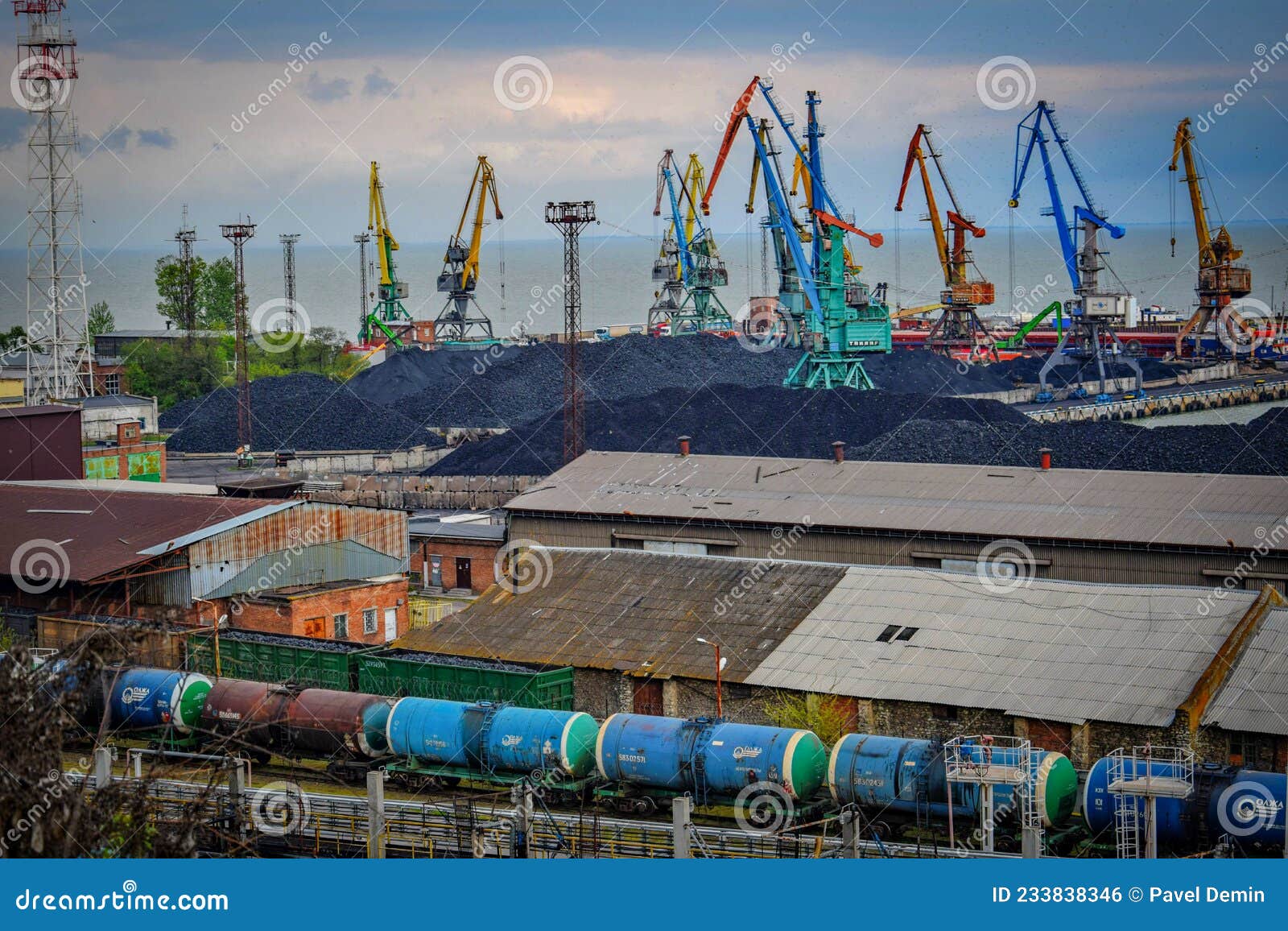 cargo seaport with coal dumps in taganrog city