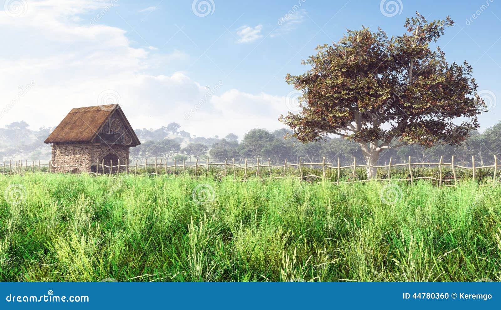 Tageshäuschen-Landschaft. Warme Sommerlandschaft mit grüner Bodendecke, Baum, kleinem Häuschen und Bergen auf dem Horizont mit weißen Wolken auf blauem Himmel