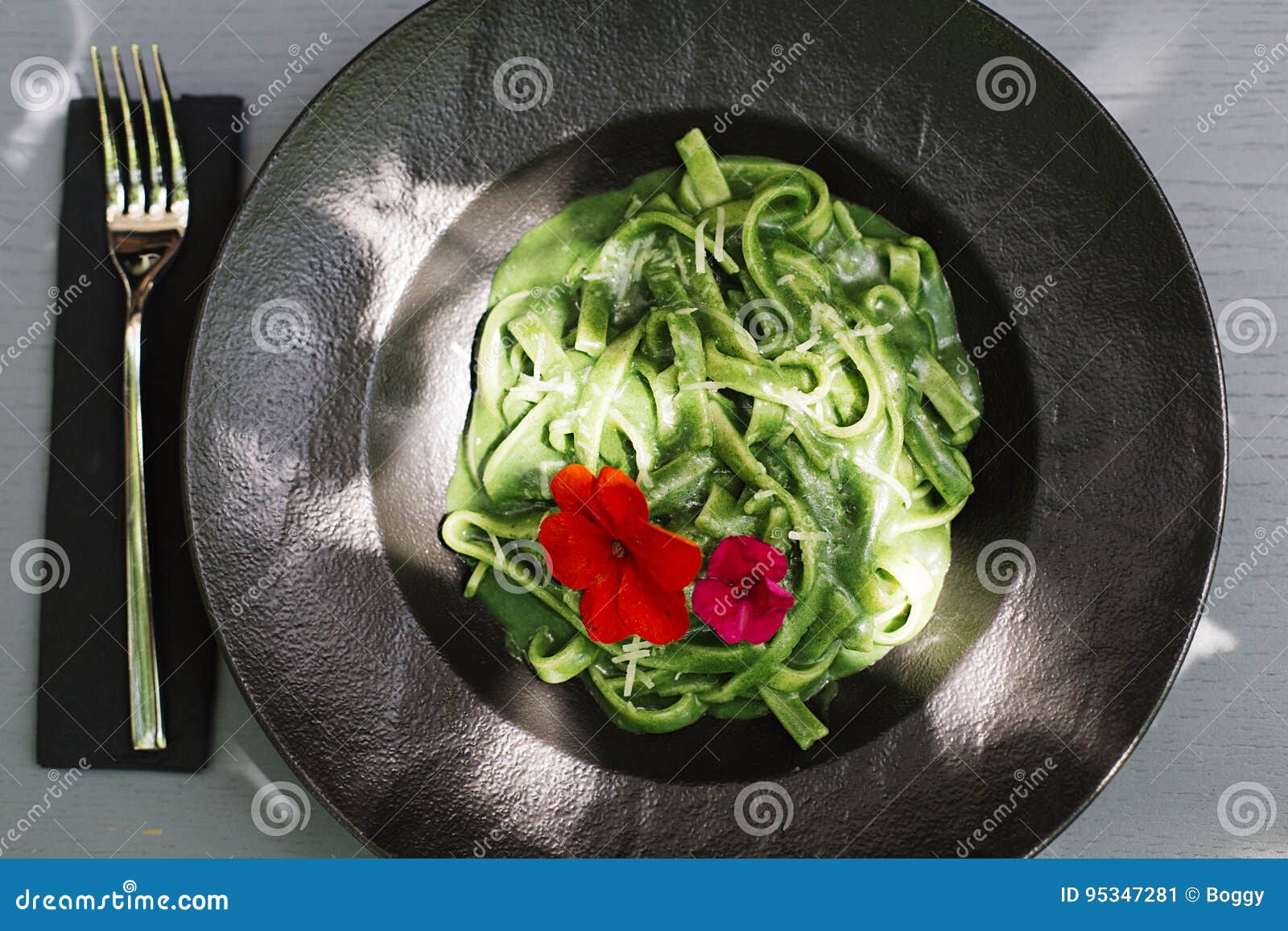 Tagliatelle with Green Basil Pesto Stock Image Image of cheese