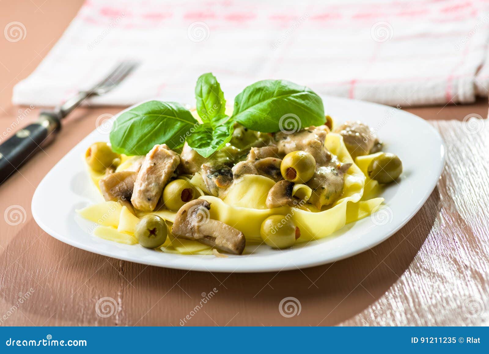 Tagliatelle Pasta with Chicken and Mushrooms Stock Image - Image of