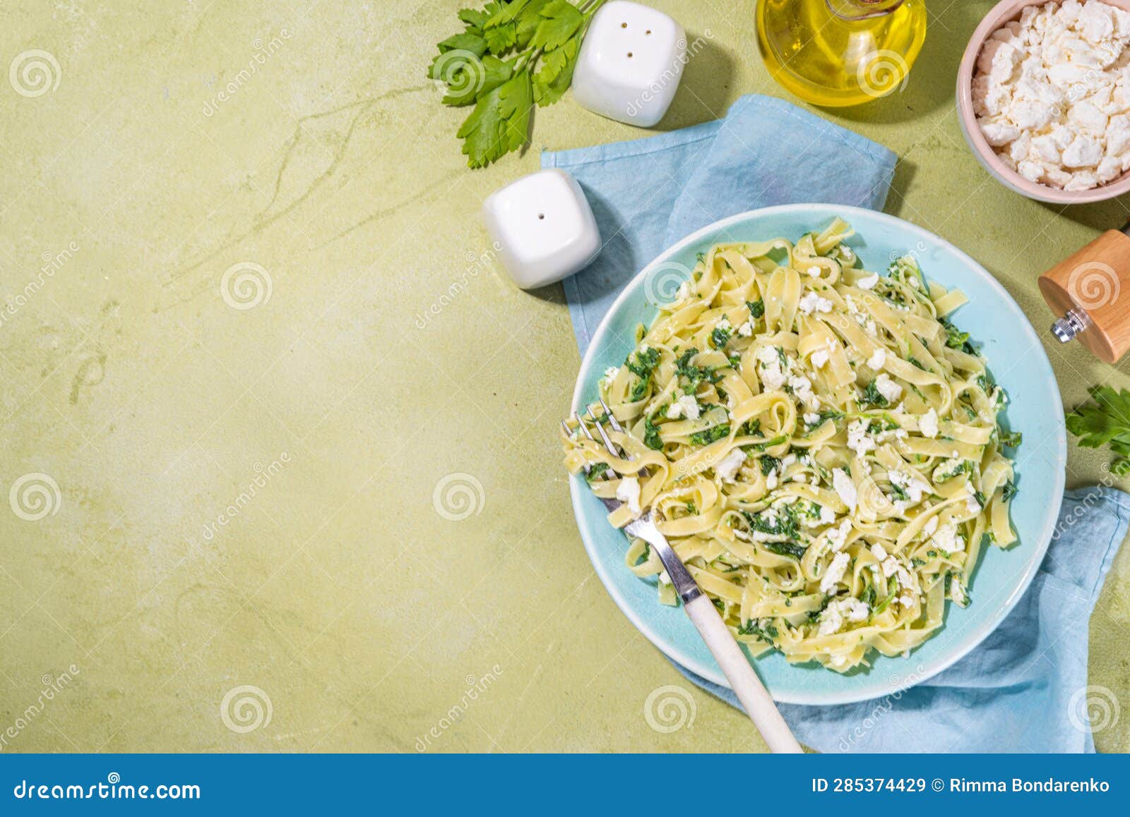 Tagliatelle Pasta with Spinach and Cottage Cheese Stock Image Image