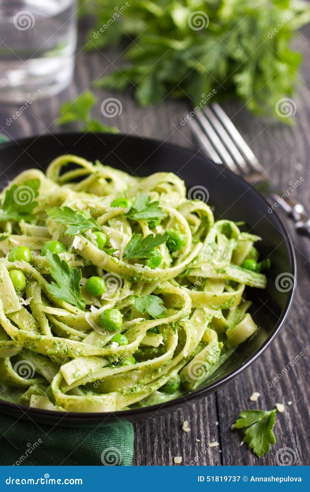 Tagliatelle Pasta with Spinach and Green Peas Pesto Stock Image Image