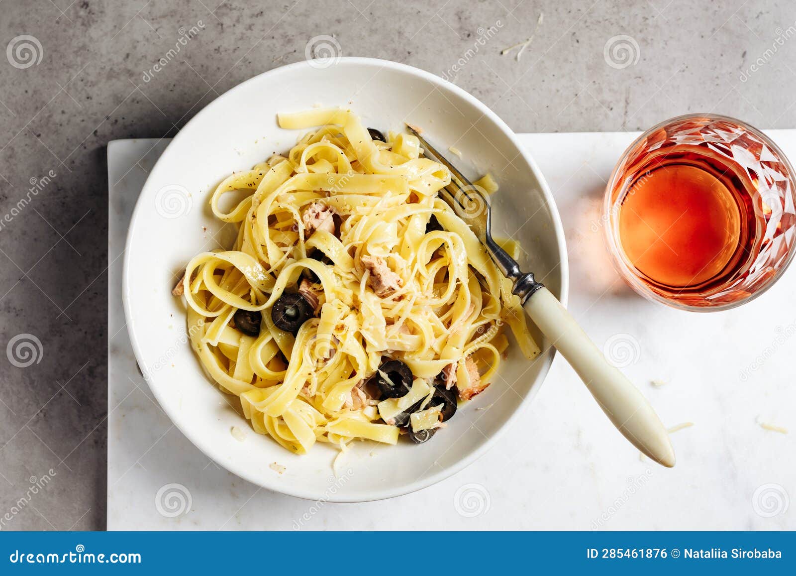 Tagliatelle Pasta with Tuna, Olives and Cheese Stock Photo Image of