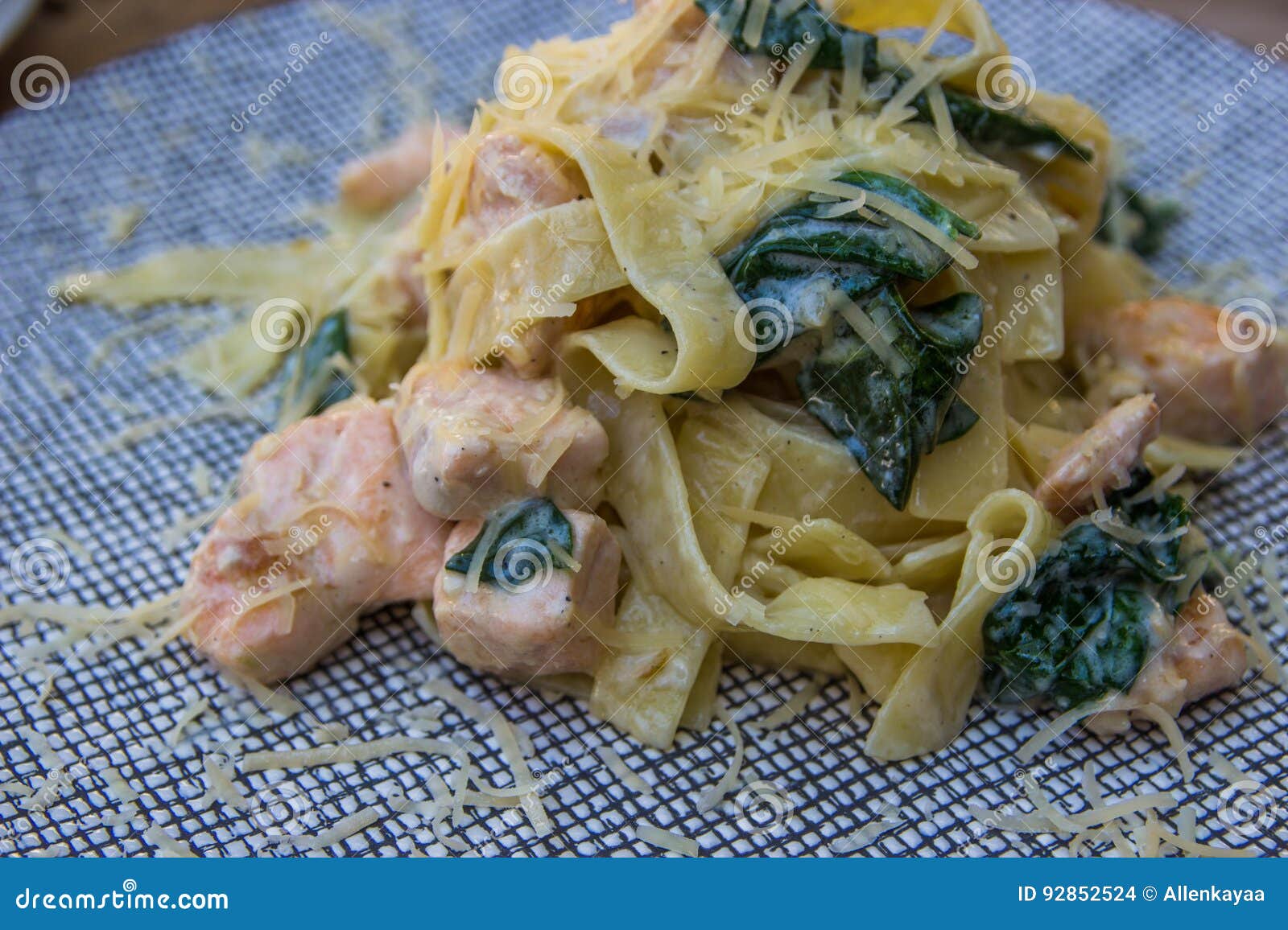 Tagliatelle with Salmon and Spinach. Italian Pasta Stock Photo Image