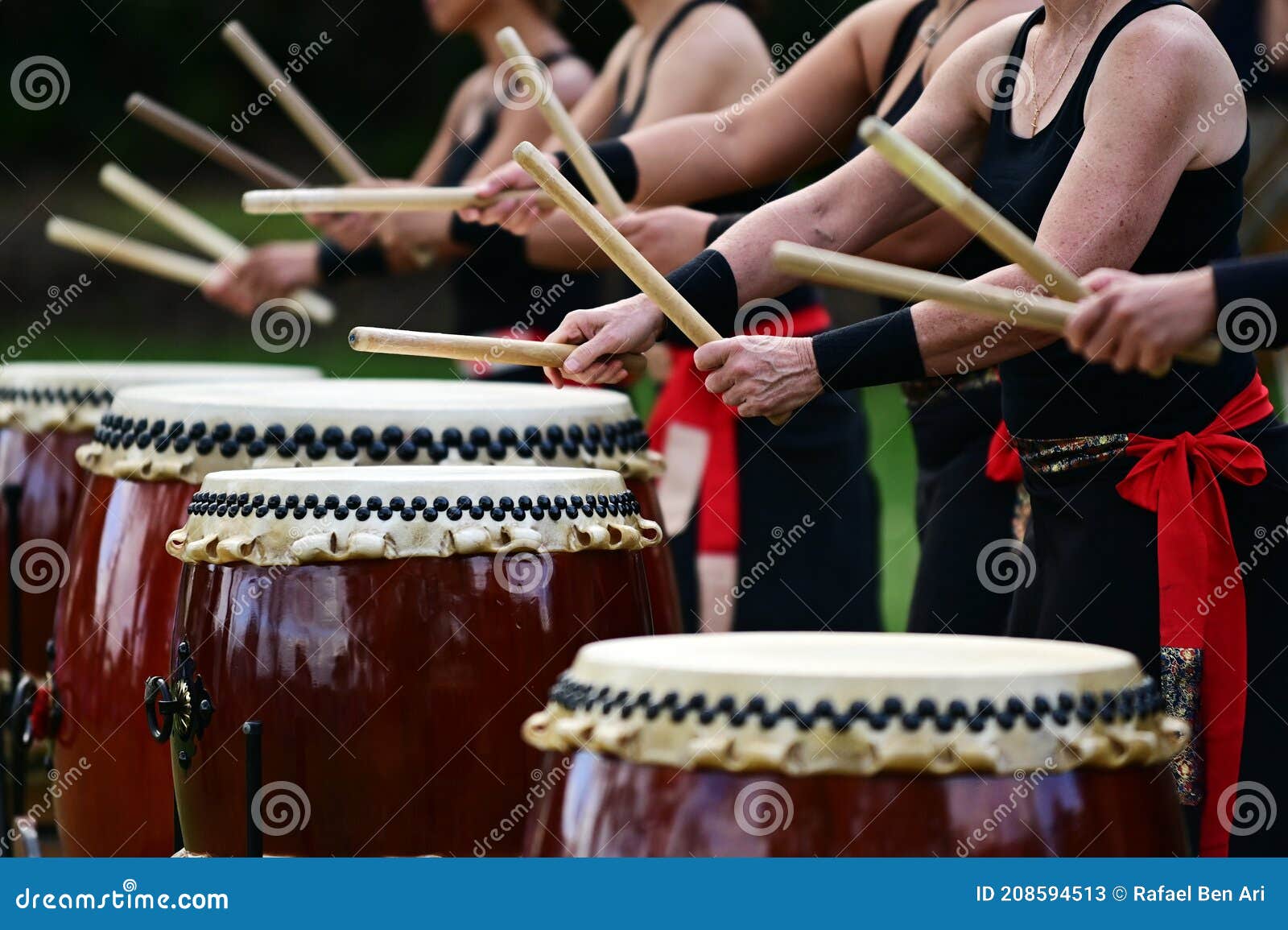 Taiko Drummers Drumming on Japanese Drums Stock Image Image of