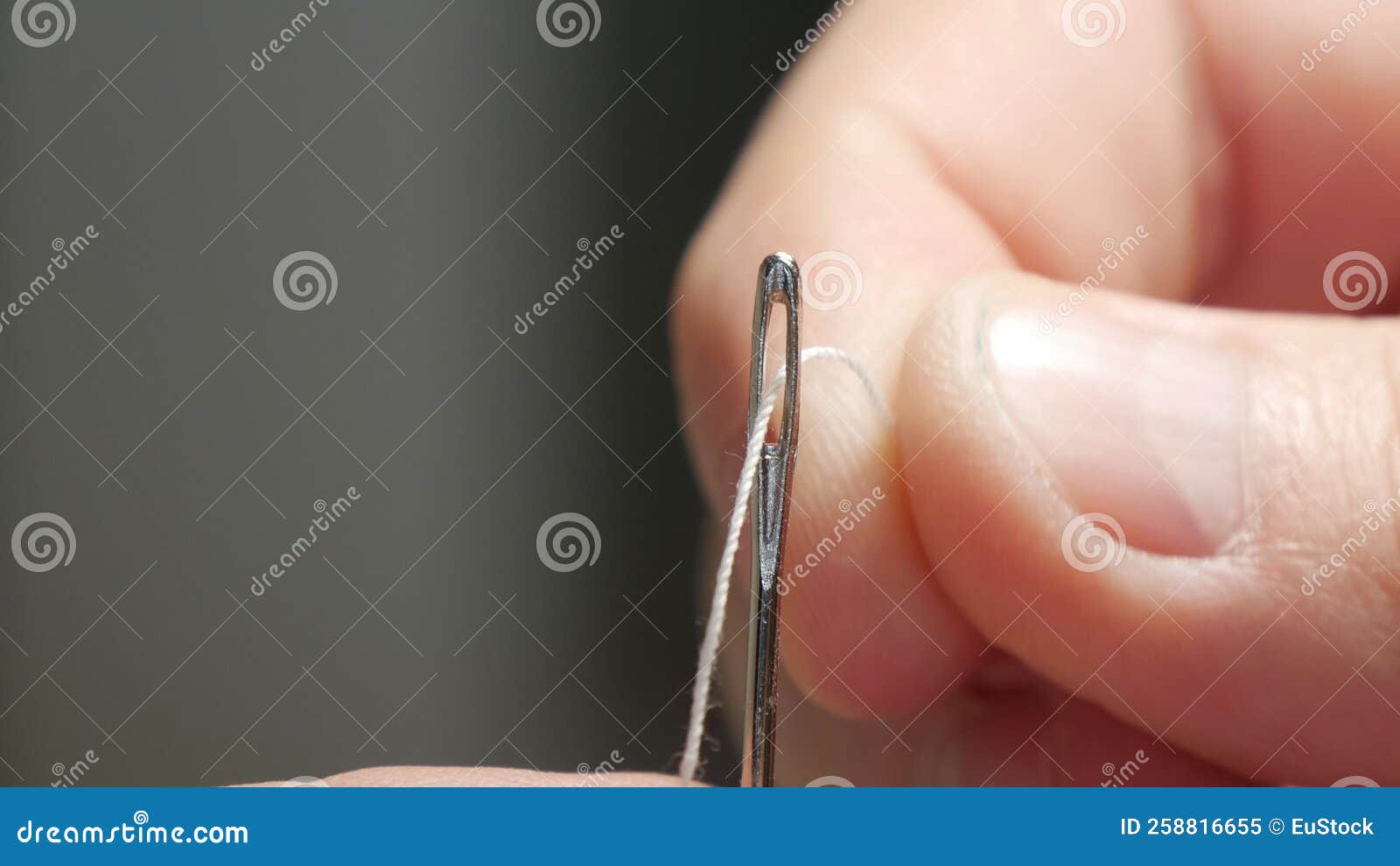 Tailor Hand Inserting Sewing Thread in Needle Hole. Man Preparing