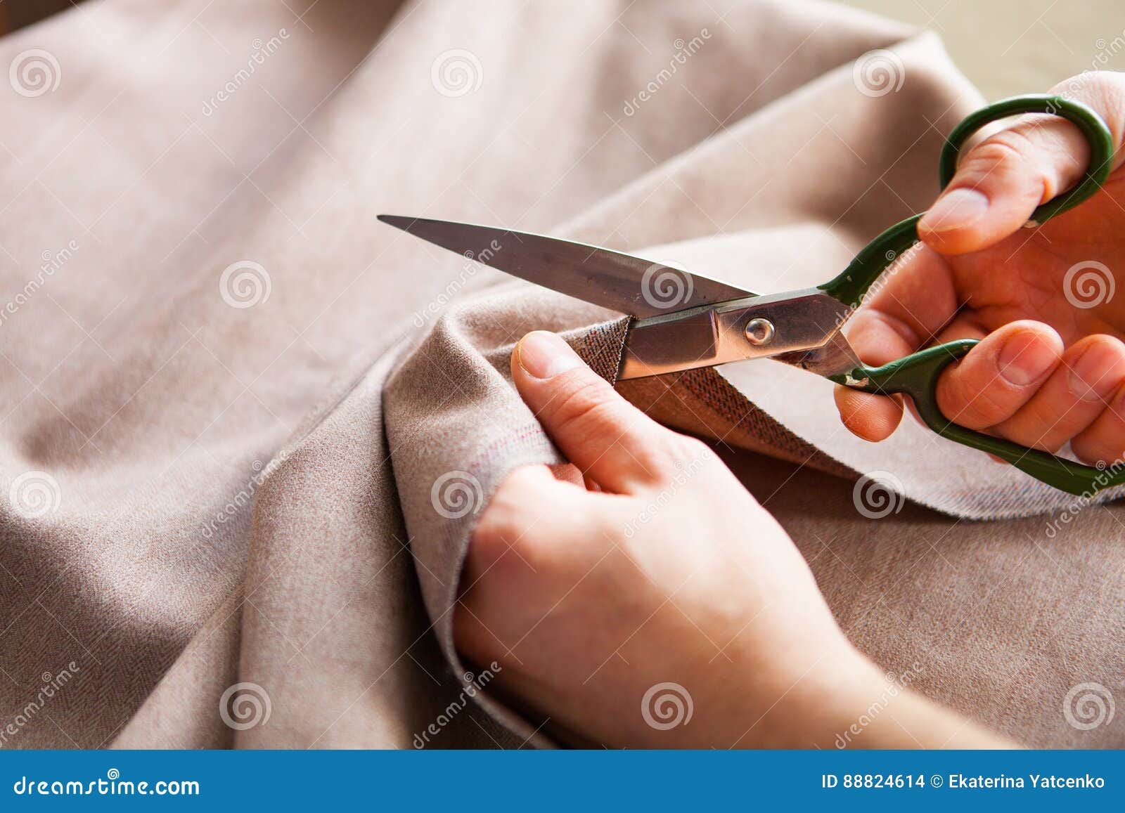 Tailor. Hands Notch Tailor Tailor`s Scissors Cloth. Stock Photo Image