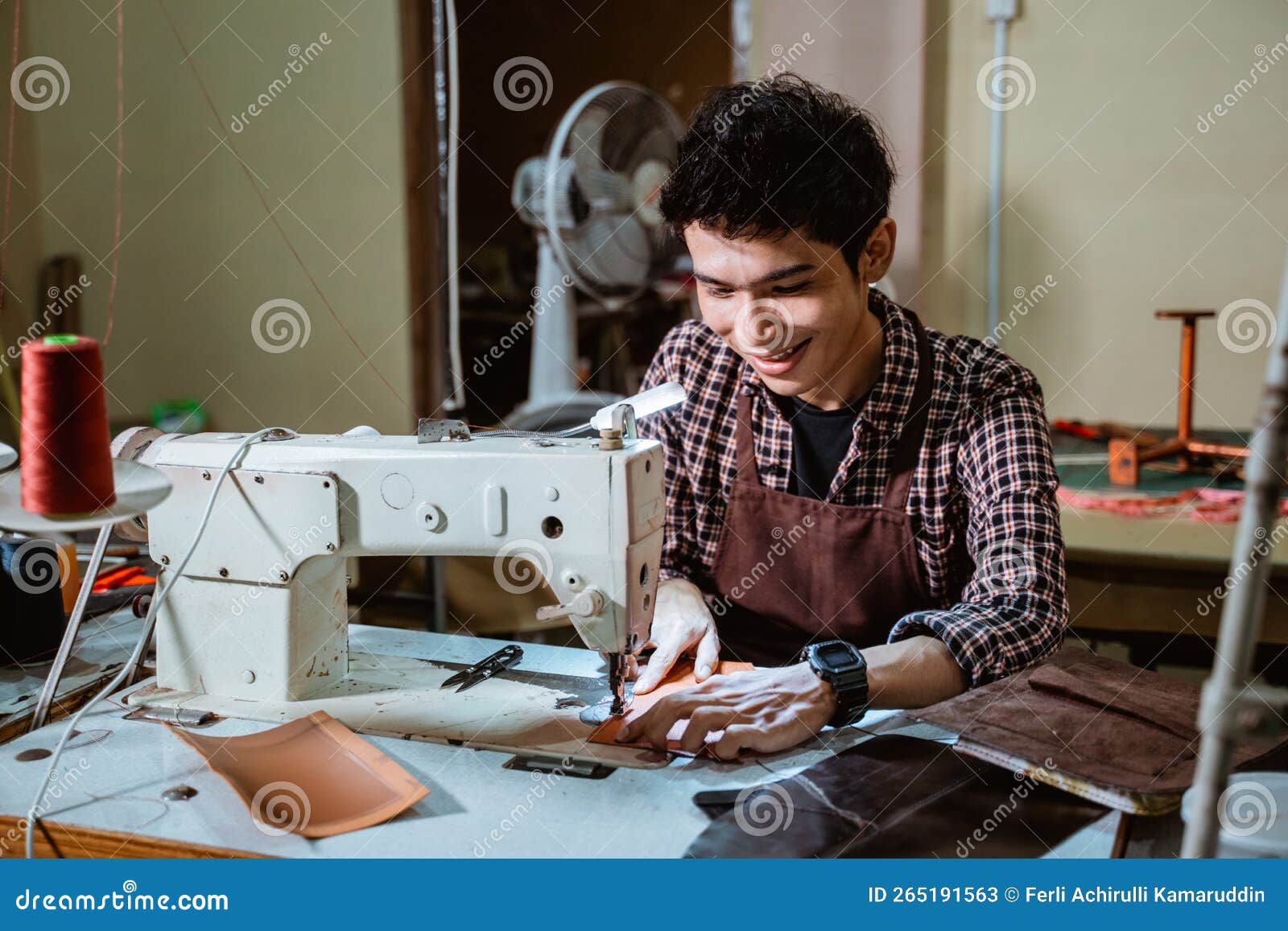Tailor Man Using a Leather Sewing Machine Stock Image Image of