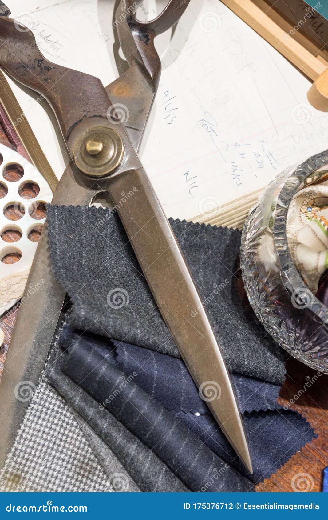 Tailor`s Scissors and Suit Swatches Stock Photo Image of