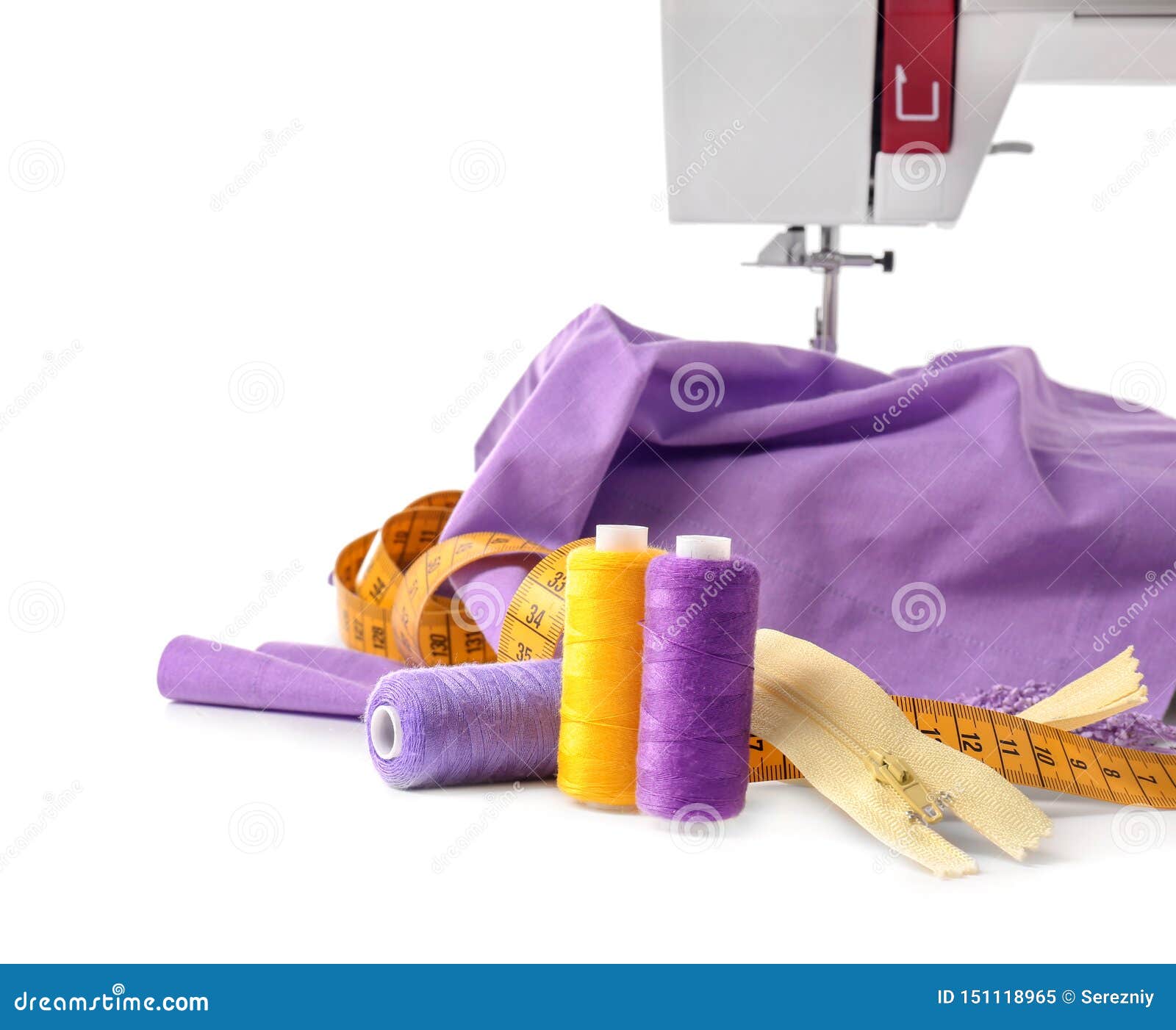 Tailor S Supplies Near Modern Sewing Machine on White Background Stock