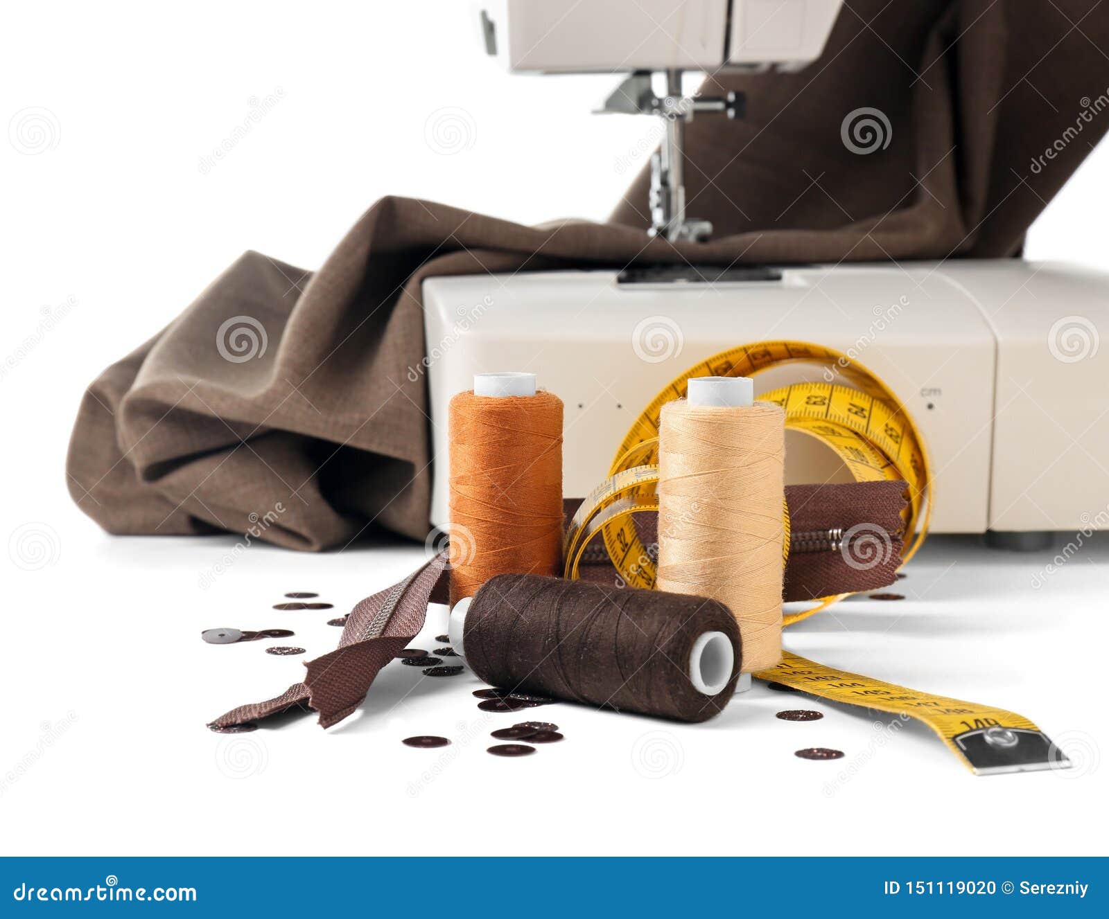 Tailor S Supplies Near Modern Sewing Machine on White Background Stock