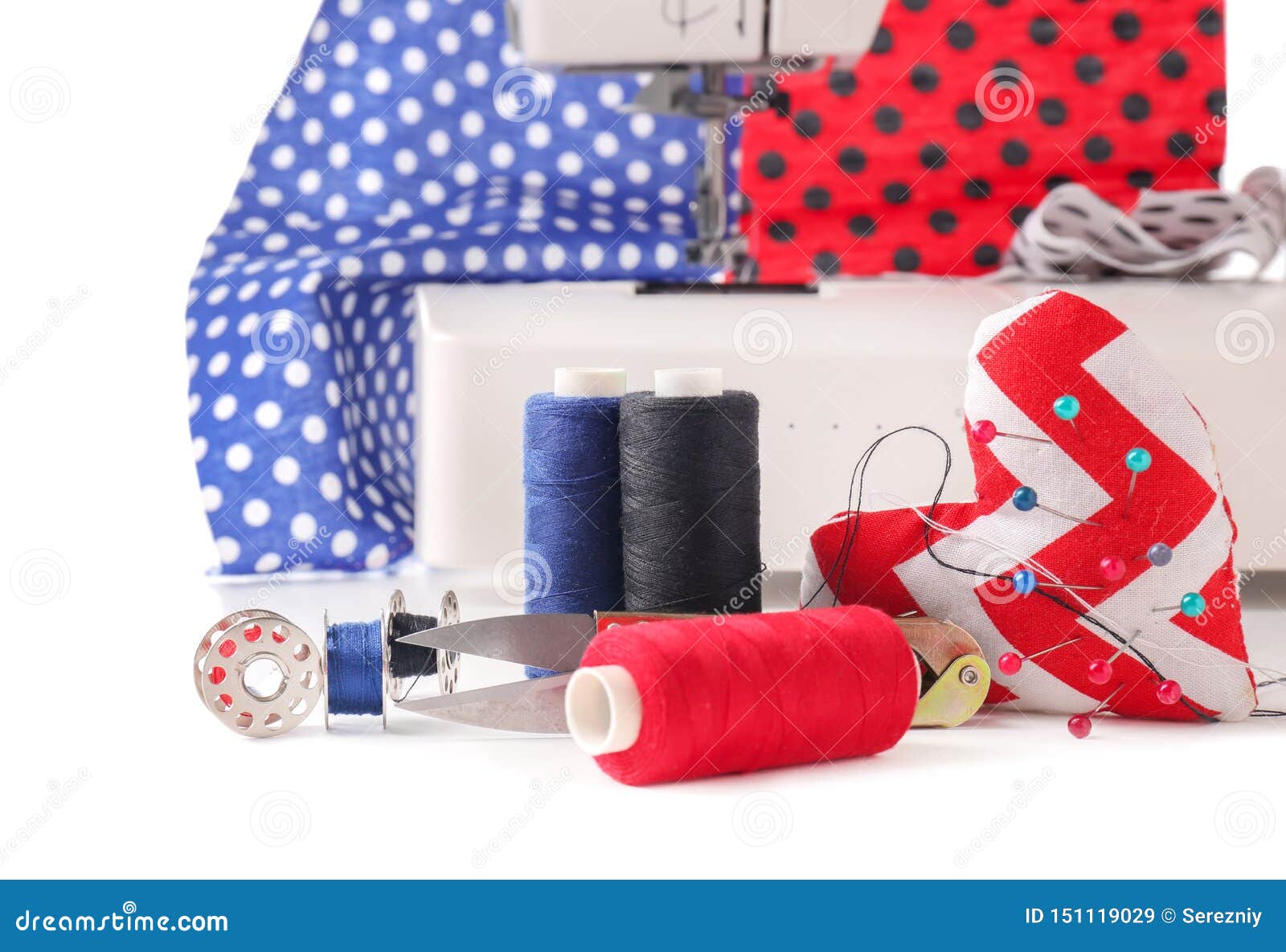 Tailor S Supplies Near Modern Sewing Machine on White Background Stock