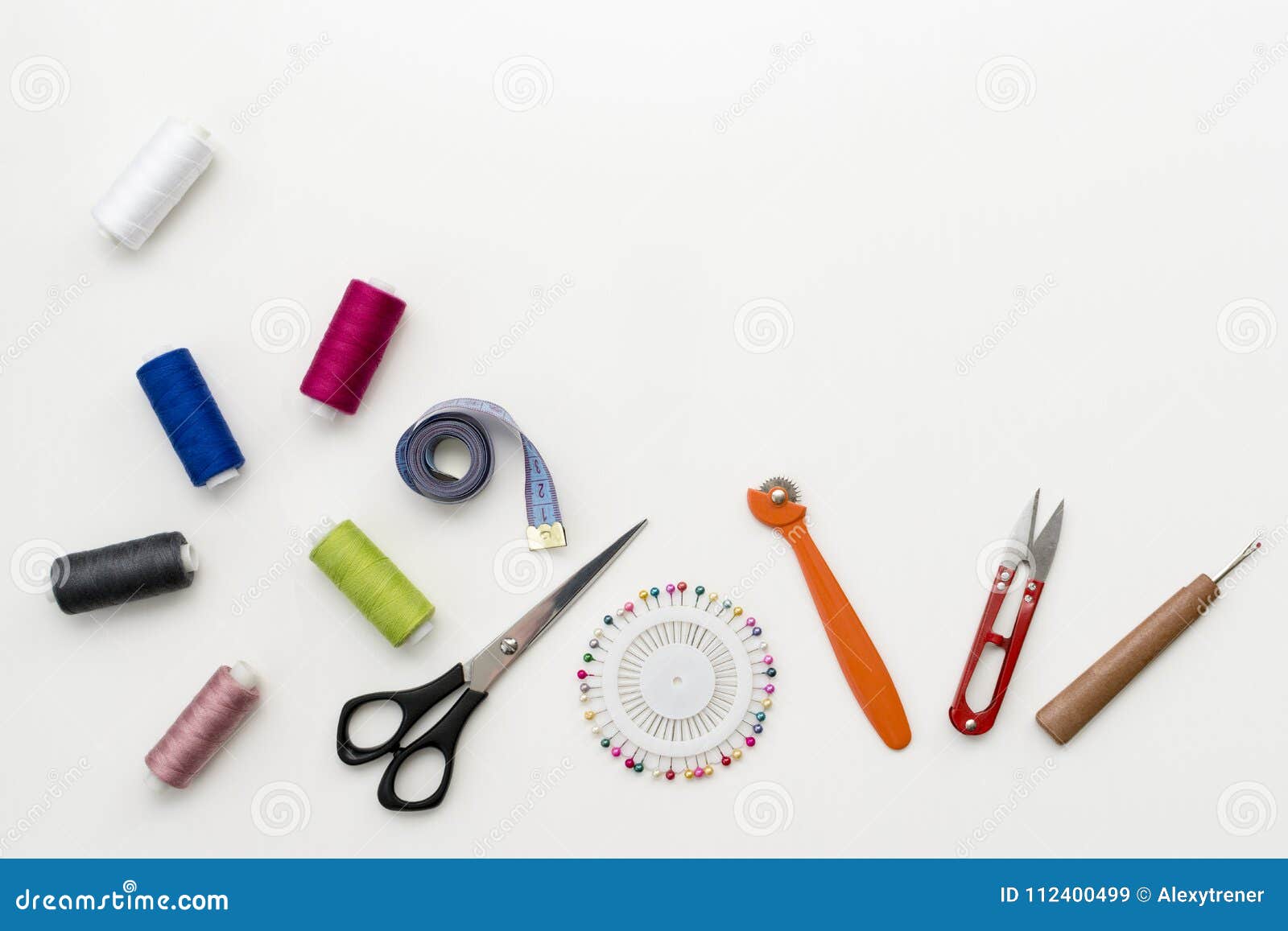 Tailor`s Work Desk. Pattern of Sewing Accessories and Tools on White  Background Top View Copyspace Stock Image - Image of fabric, cloth:  112400499