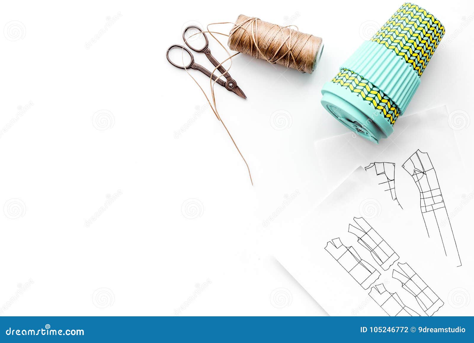 Tailor`s Work Desk. Pattern of Clothing and Tools on White Background