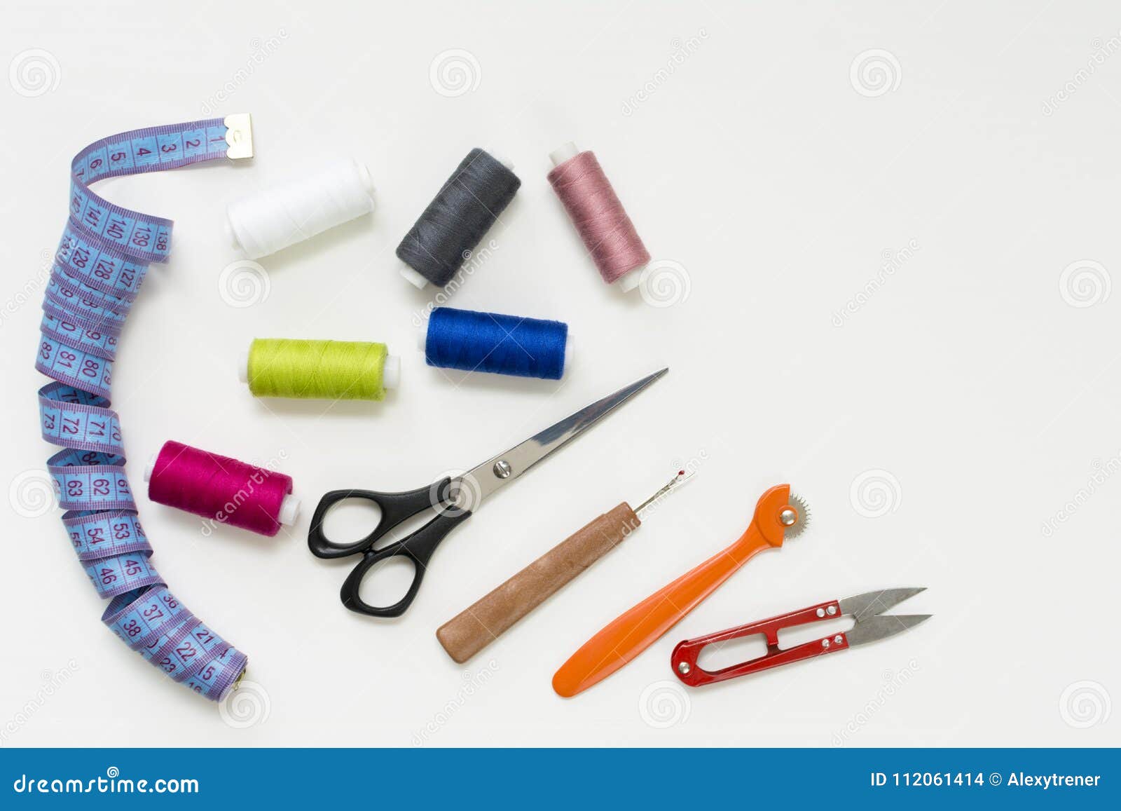 Tailor`s Work Desk. Pattern of Sewing Accessories and Tools on White  Background Top View Copyspace Stock Photo - Image of factory, industry:  112061414