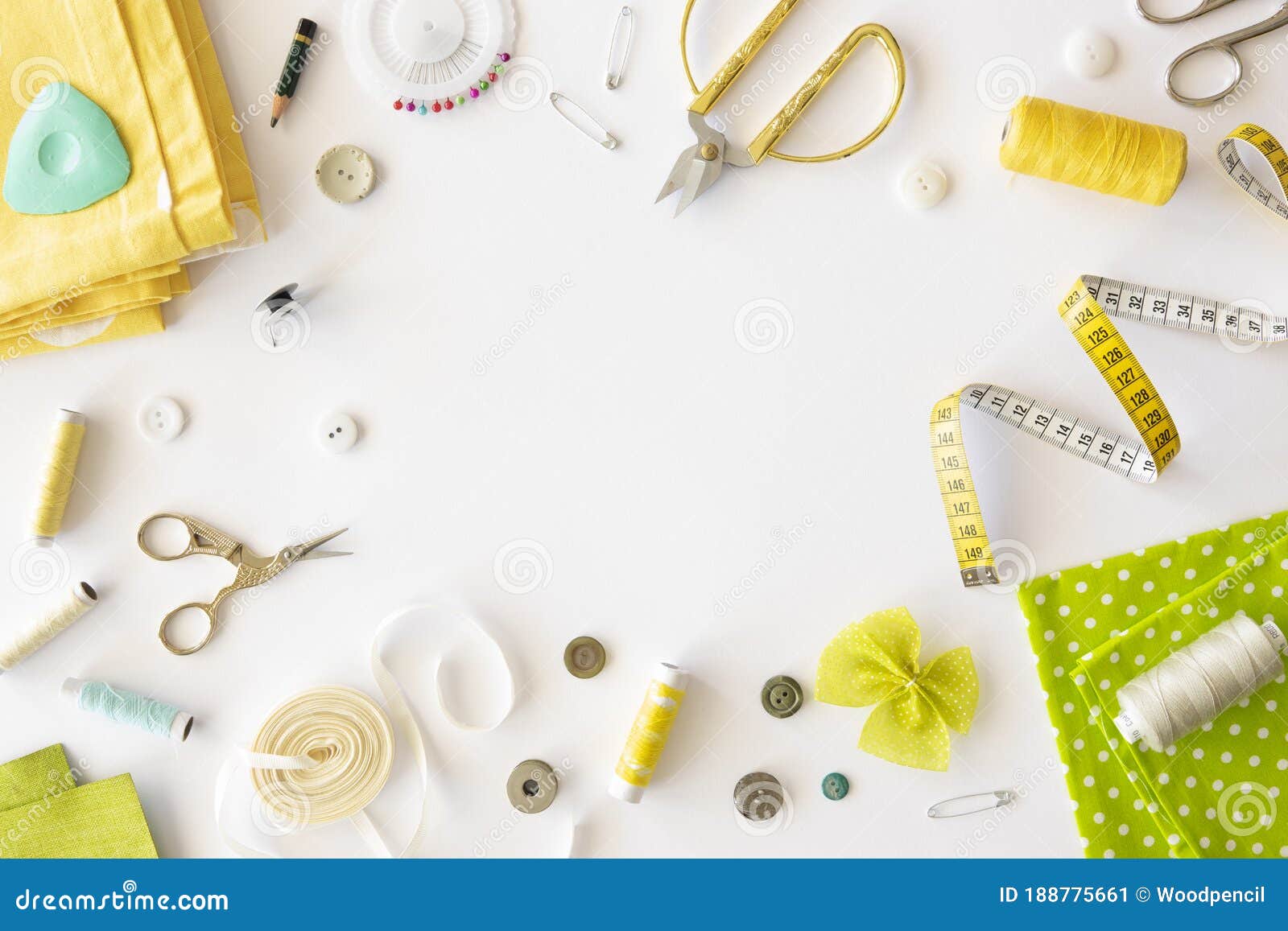 tailor`s workspace and sewing concept border frame. tool kit for cutting on a white background. flat lay, copy space