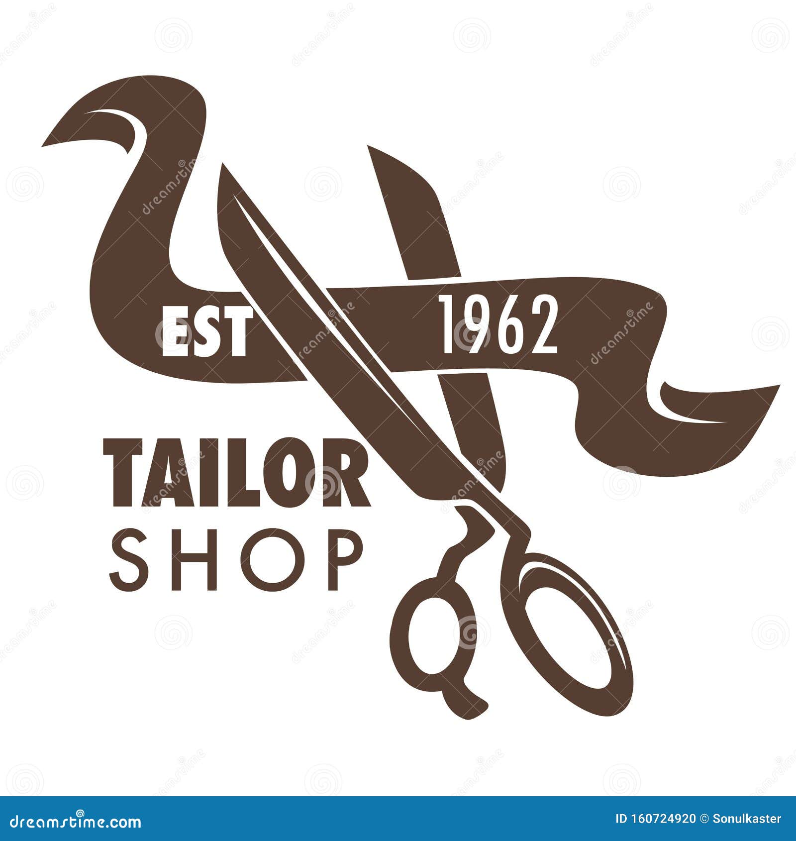 Tailor Shop Hand Drawn Sketch Logo With Scissors And Fabric Stock