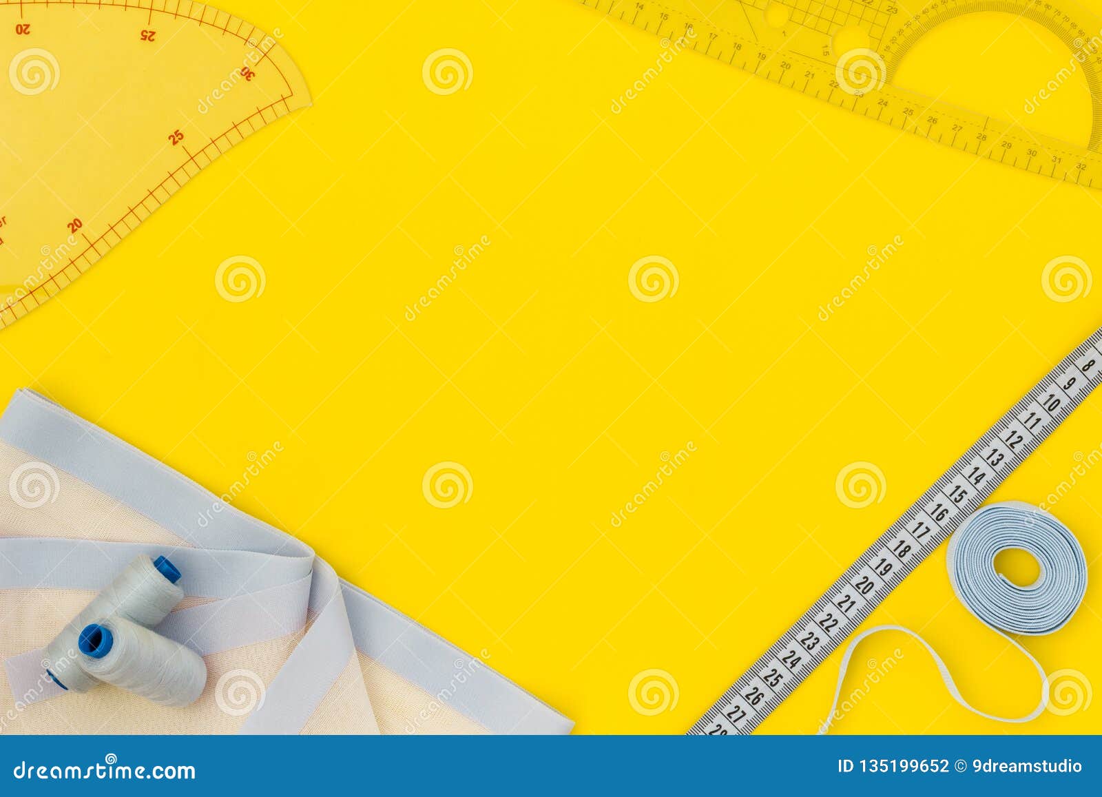Tailor Shop with Thread, Fabric. Sewing As Hobby. Yellow Background Top  View Mockup Stock Photo - Image of female, sewing: 135199652