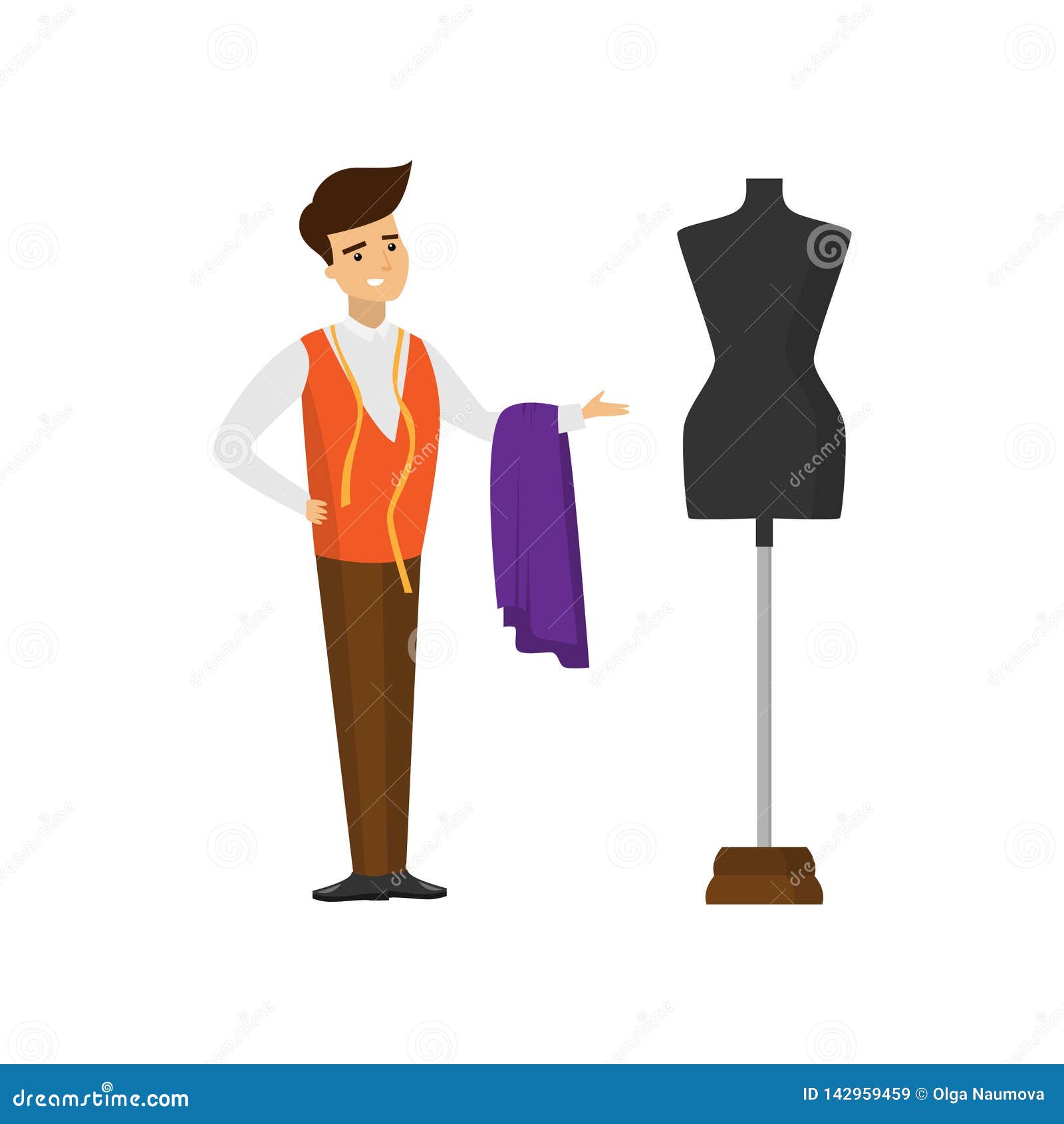Tailor Standing with Cut of Fabric and Measuring Tape and Pointing Hand ...