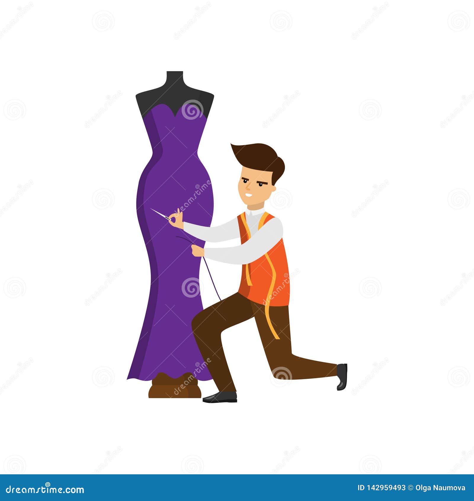 Tailor Standing on One Knee Hemming Purple Dress on Mannequin Stock ...