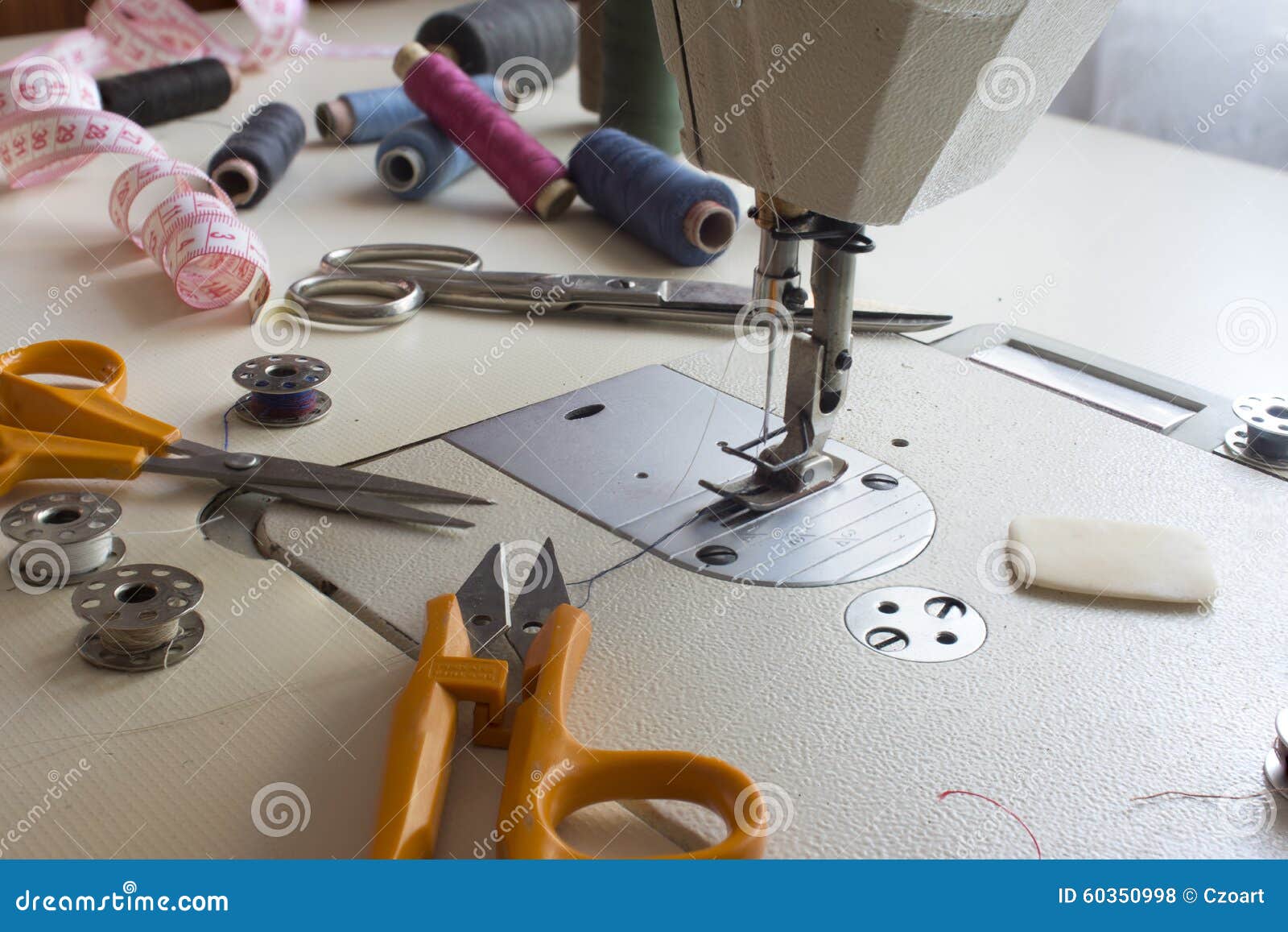 Tailor`s Work Desk. Pattern of Sewing Accessories and Tools on