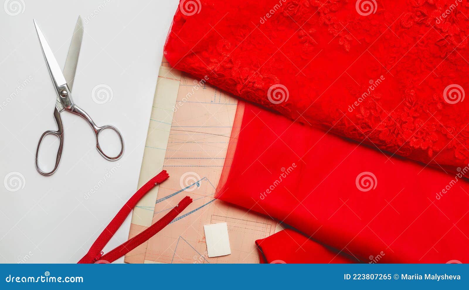 Tailor Work Place with Scissors, Red Fabric, Pattern. Sewing As Hobby