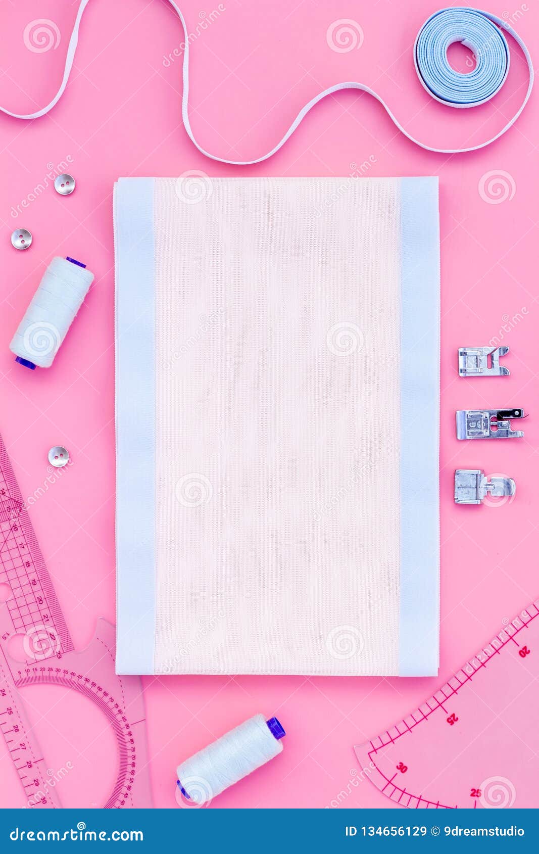 Tailor Work Place with Thread, Fabric. Sewing As Hobby. Pink Background