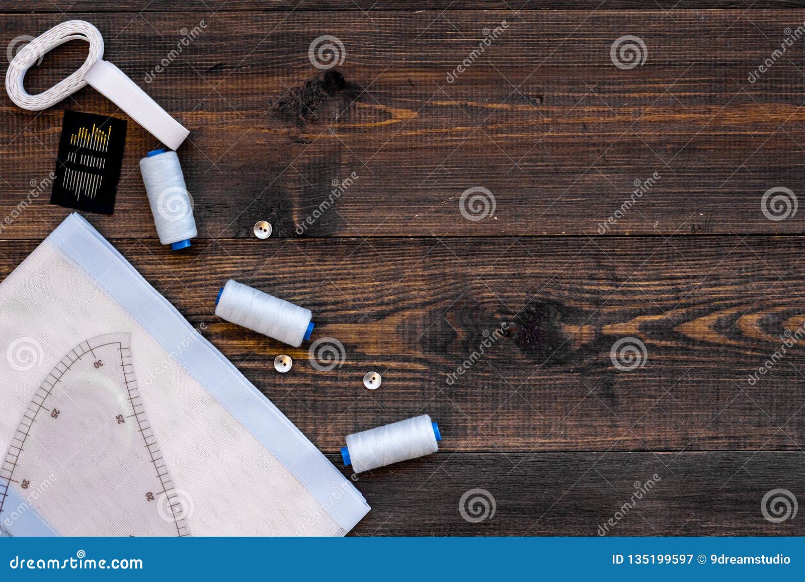 Tailor Work Place with Thread, Fabric. Sewing As Hobby. Wooden