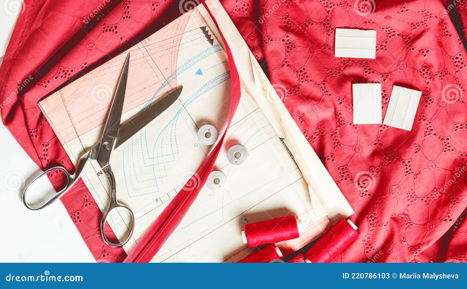 Tailor Work Place with Thread, Scissors, Fabric, Pattern, Tools. Sewing