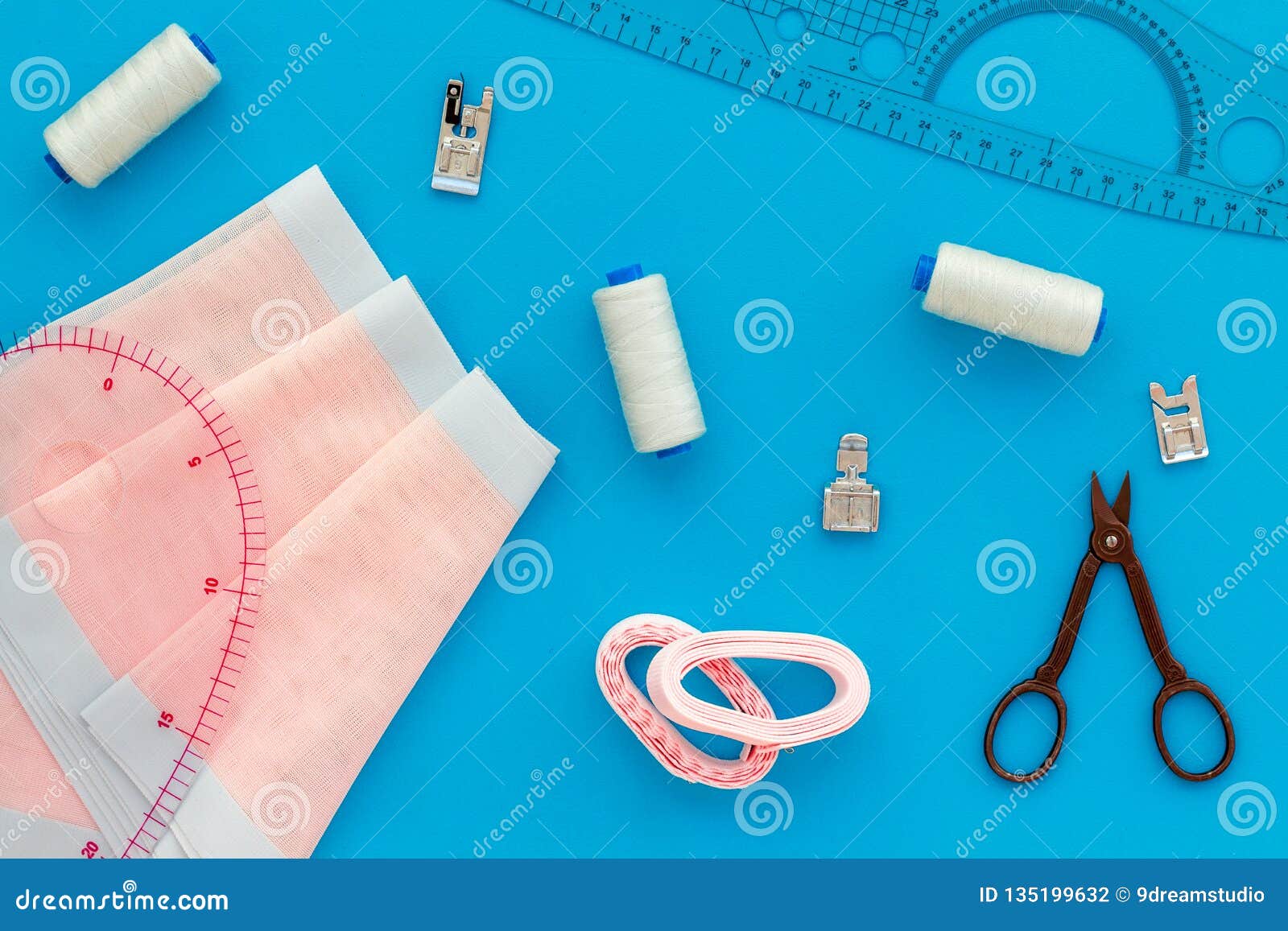 Tailor Work Place with Thread, Scissors, Fabric. Sewing As Hobby. Blue