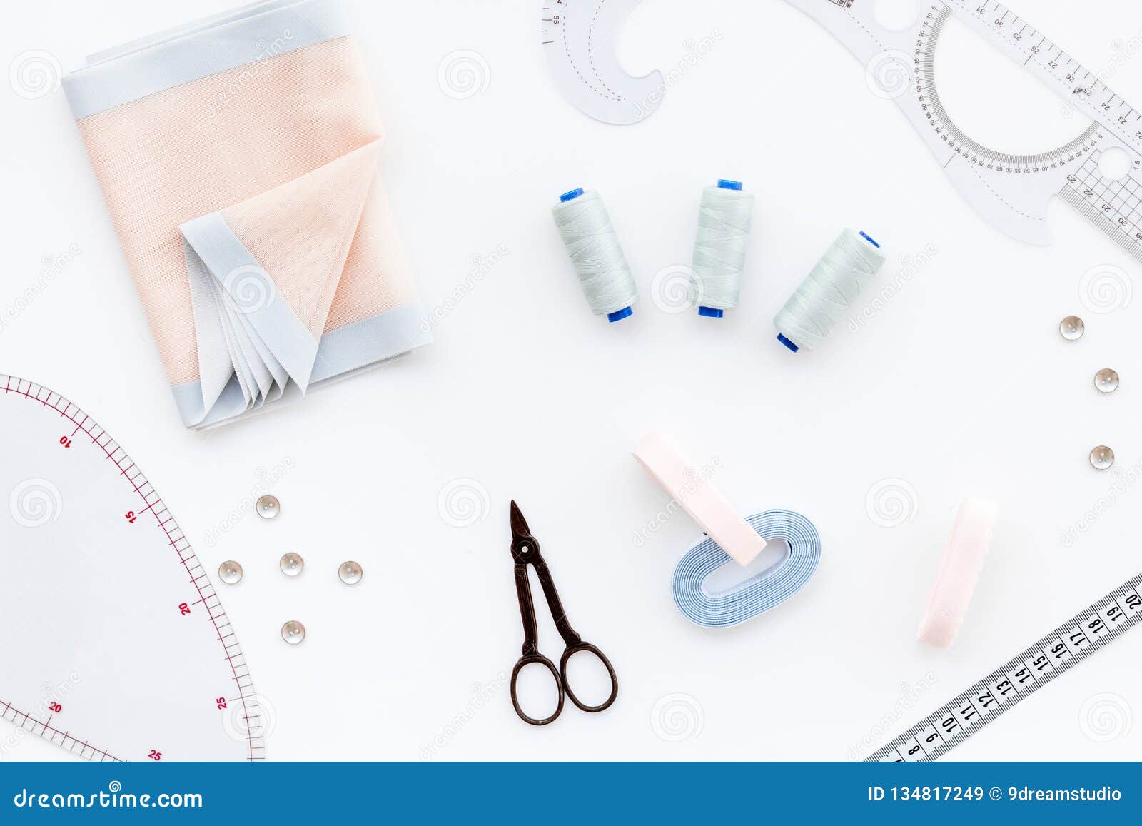 Tailor Work Place with Thread, Scissors, Fabric. Sewing As Hobby. White