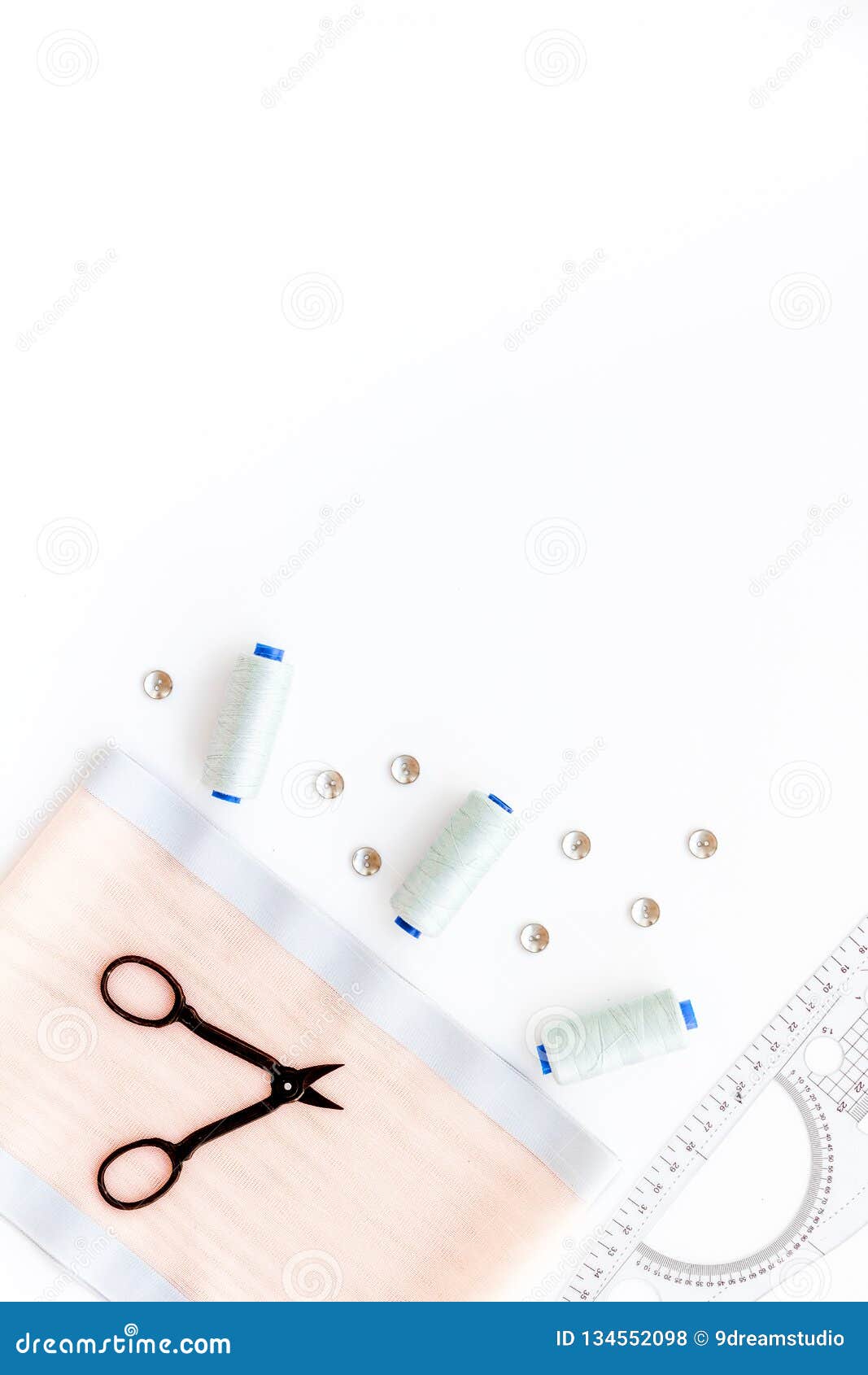 Tailor Work Place with Thread, Scissors, Fabric. Sewing As Hobby. White