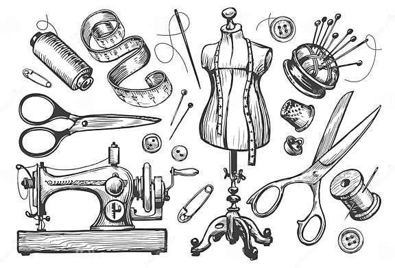 Tailored Clothes. Sewing Tailor Tools Set Vector Hand Drawn Sketch ...