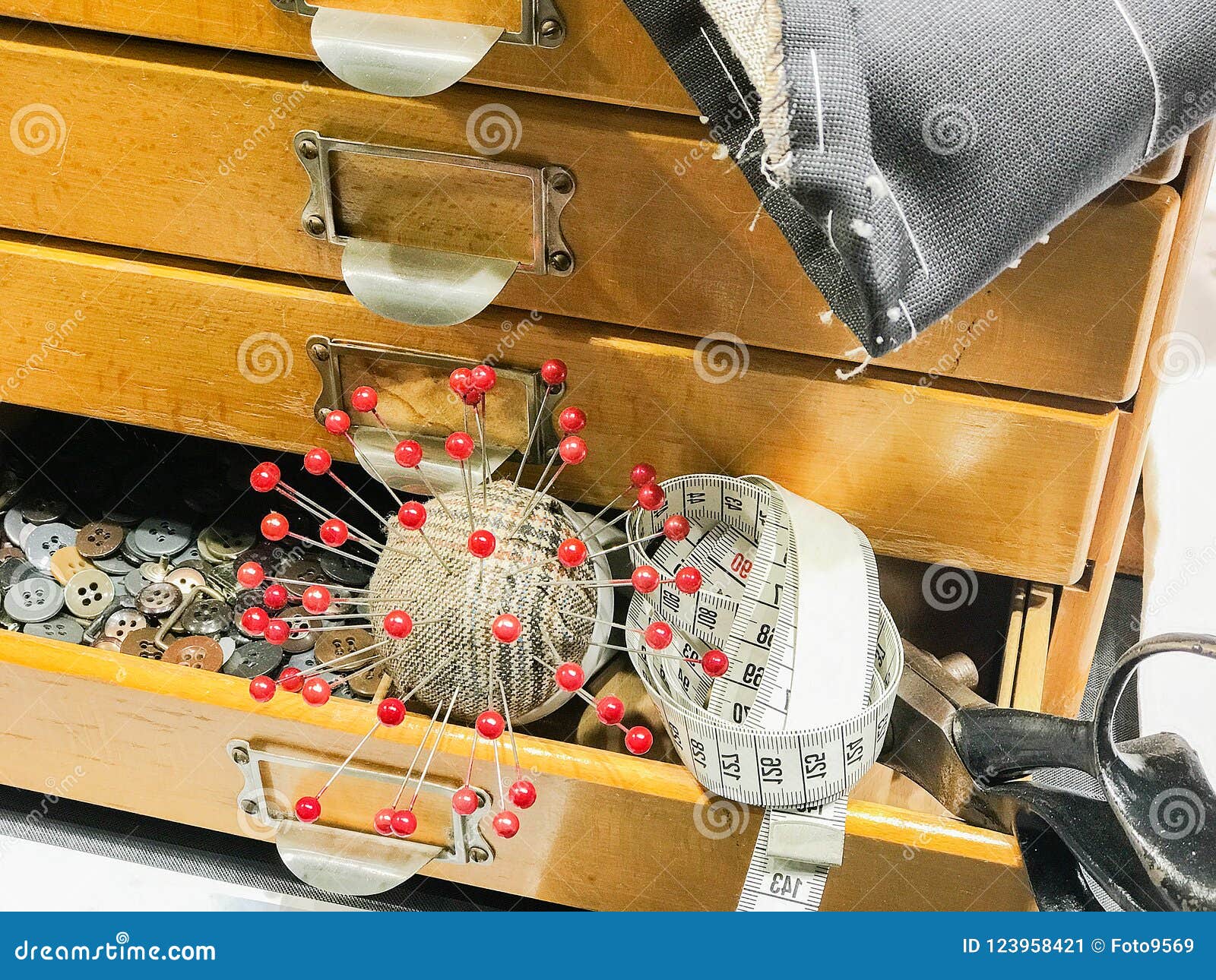 Tailoring Accessories with Scissors Needles and Buttons Stock Image