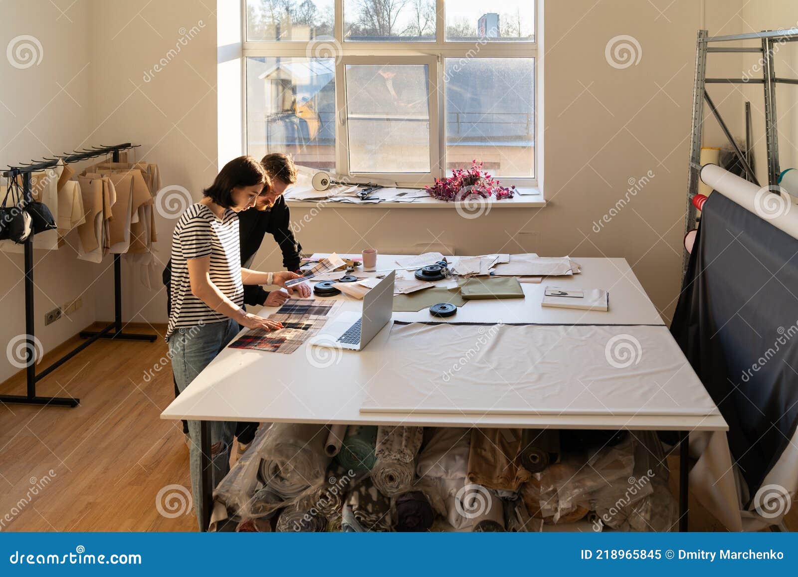 Two Dressmaker Work in Studio with Fabric Samples for New Collection. Team  of Designers in Atelier Stock Image - Image of occupation, design: 218965845