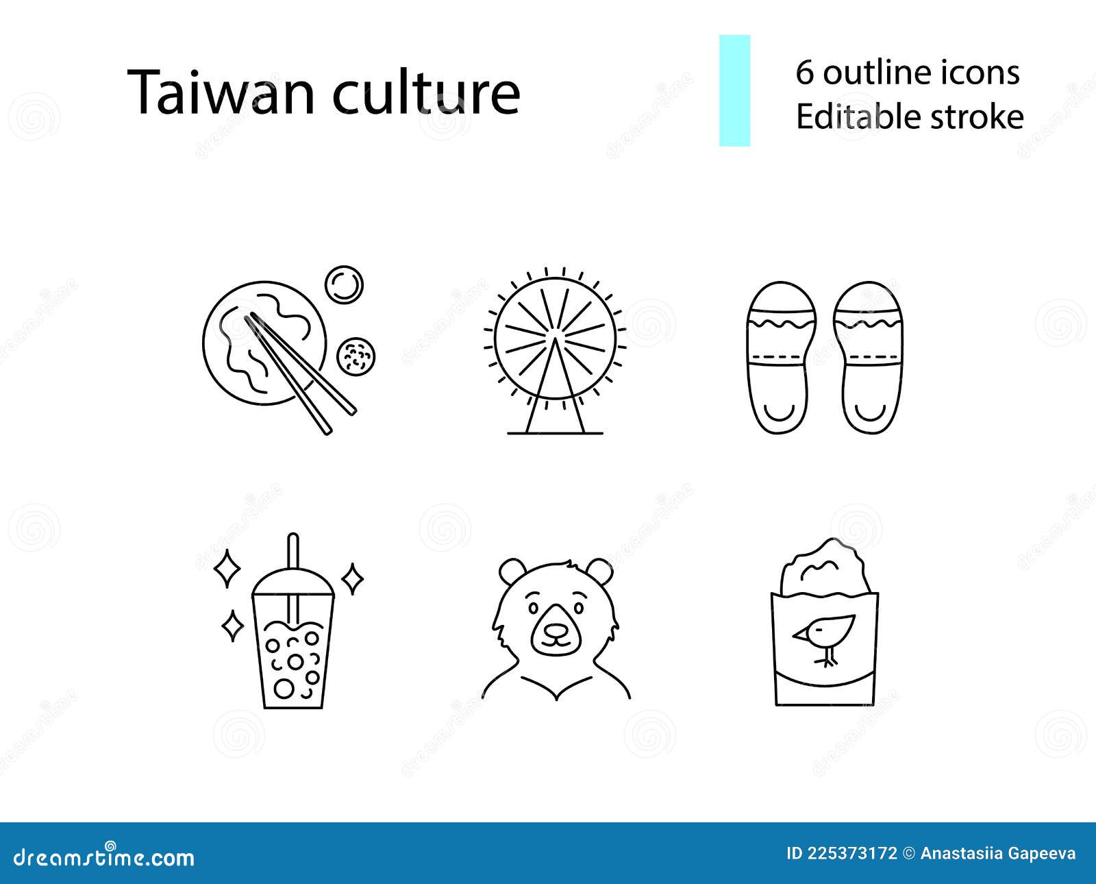 taiwan culture outline icons set. ferris wheel. taiwanes slippers. editable stroke.   stock 