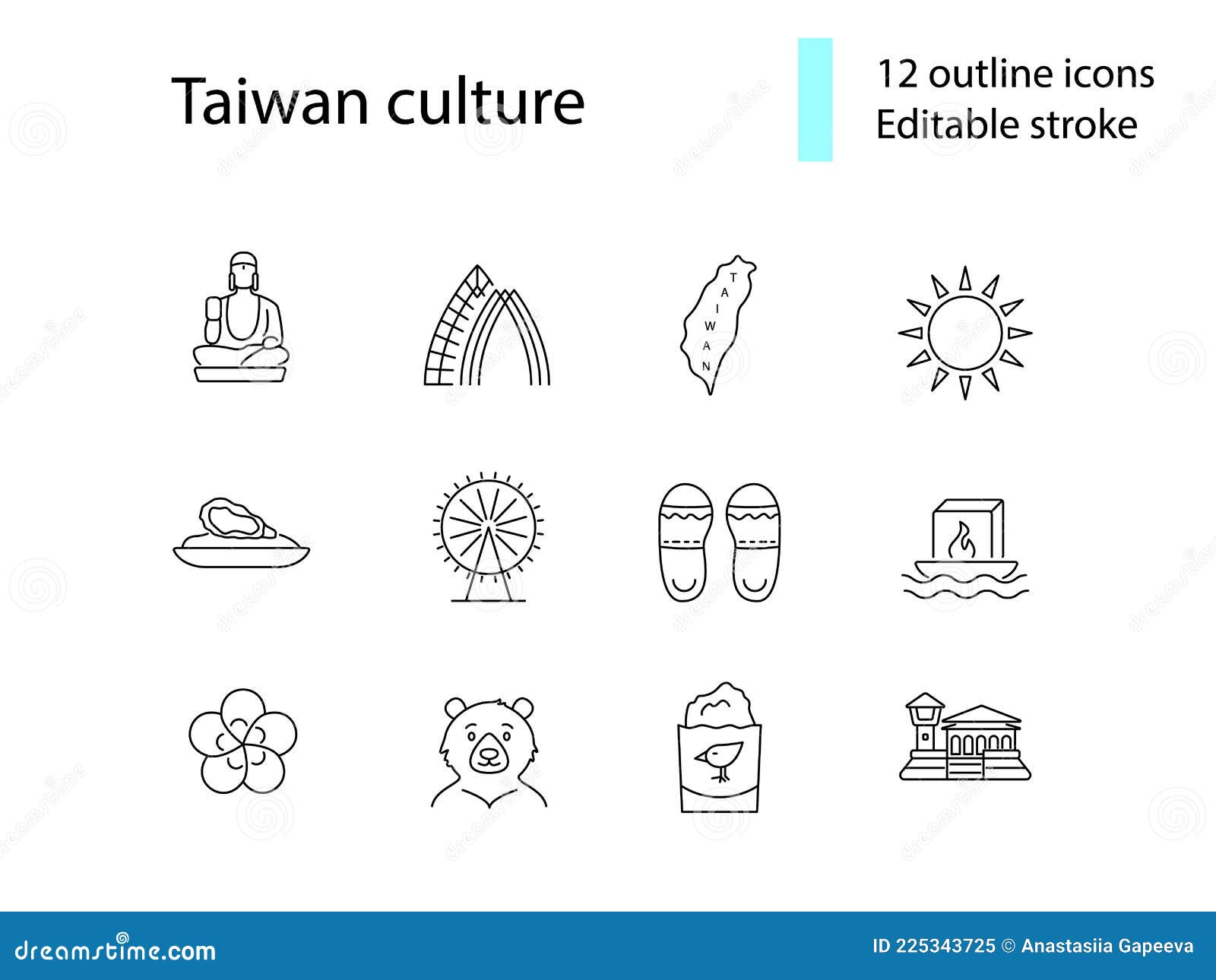 taiwan culture outline icons set. taiwanes attractions. buddha, formosan. editable stroke.   