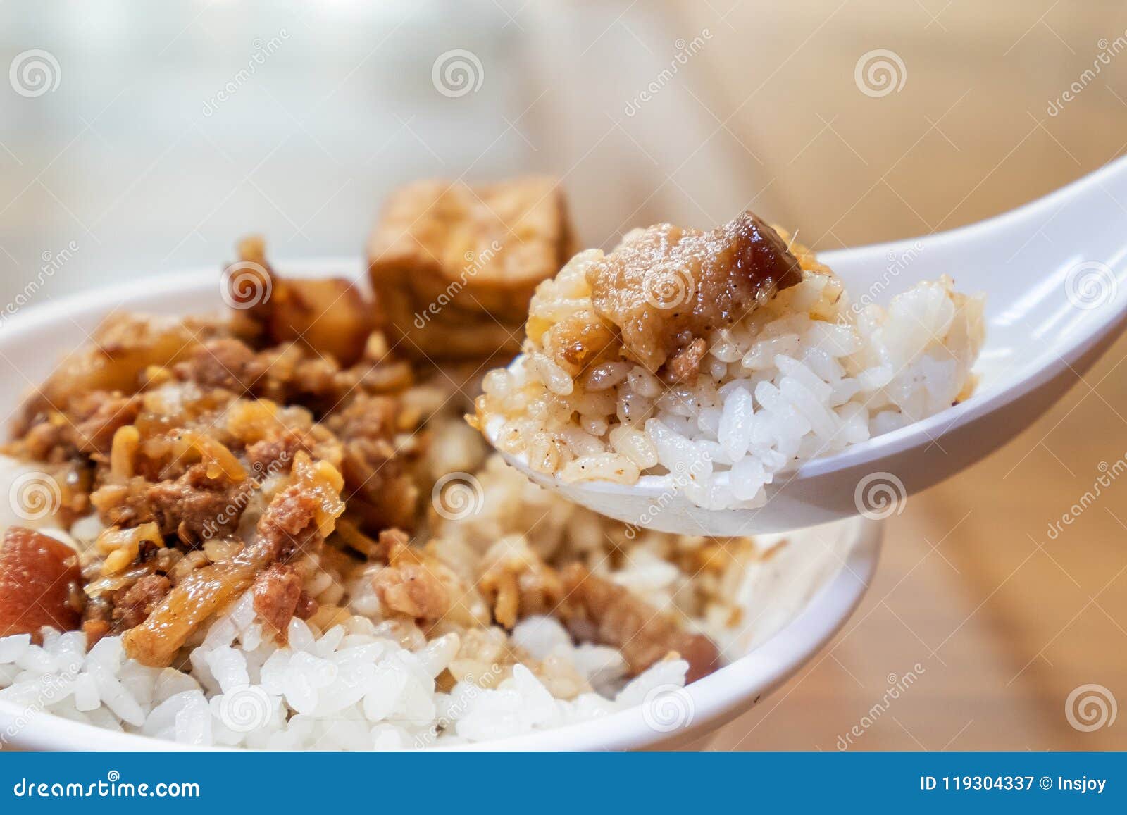 Taiwan Famous Food - Braised Pork and Fried Tofu on Rice. Soy-stewed