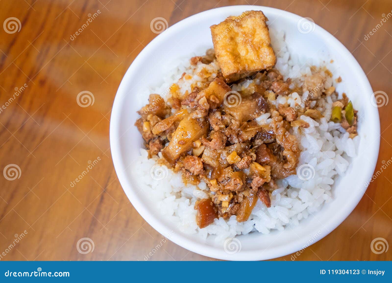 Taiwan Famous Food - Braised Pork and Fried Tofu on Rice. Soy-stewed