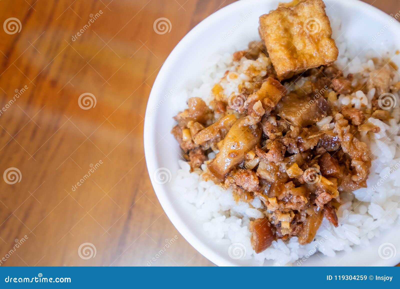 Taiwan Famous Food - Braised Pork and Fried Tofu on Rice. Soy-stewed