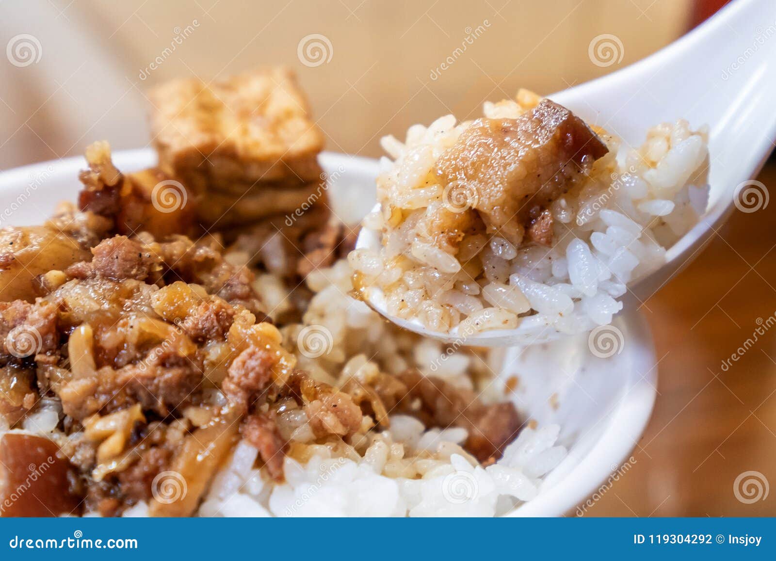 Taiwan Famous Food - Braised Pork and Fried Tofu on Rice. Soy-stewed