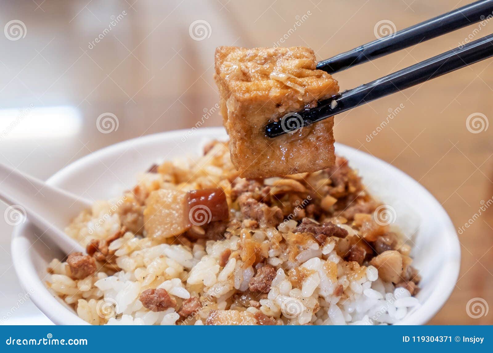 Taiwan Famous Food - Braised Pork and Fried Tofu on Rice. Soy-stewed