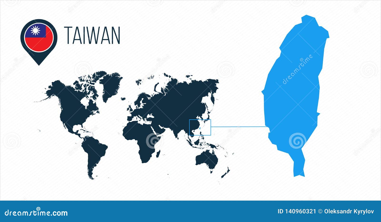 Taiwan Map Located on a World Map with Flag and Map Pointer or Pin. Infographic Map. Vector 