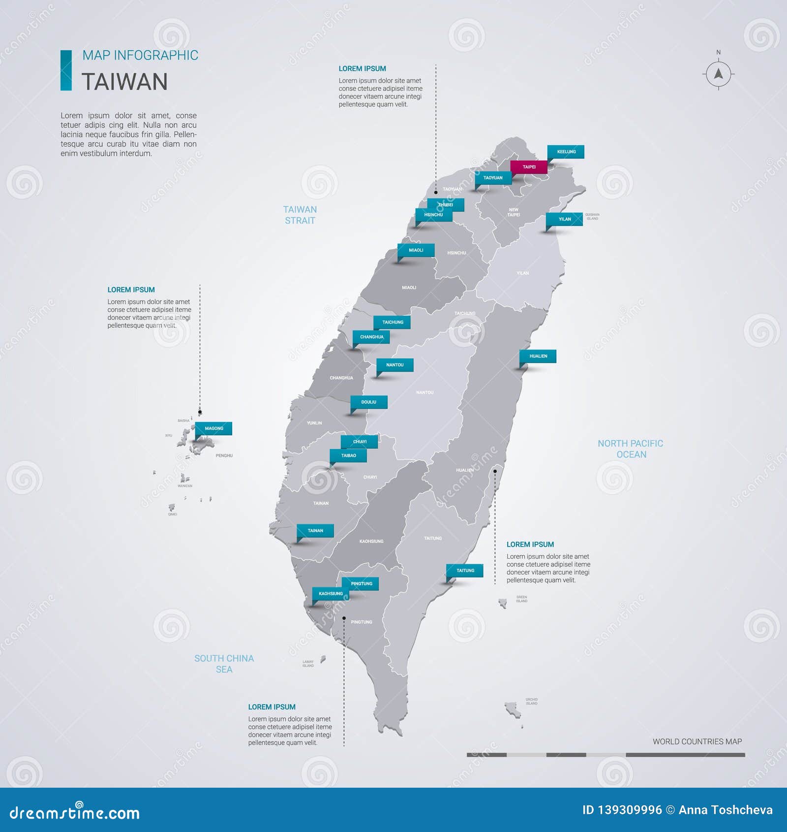 Taiwan Vector Map with Infographic Elements, Pointer Marks Stock Vector - Illustration of 
