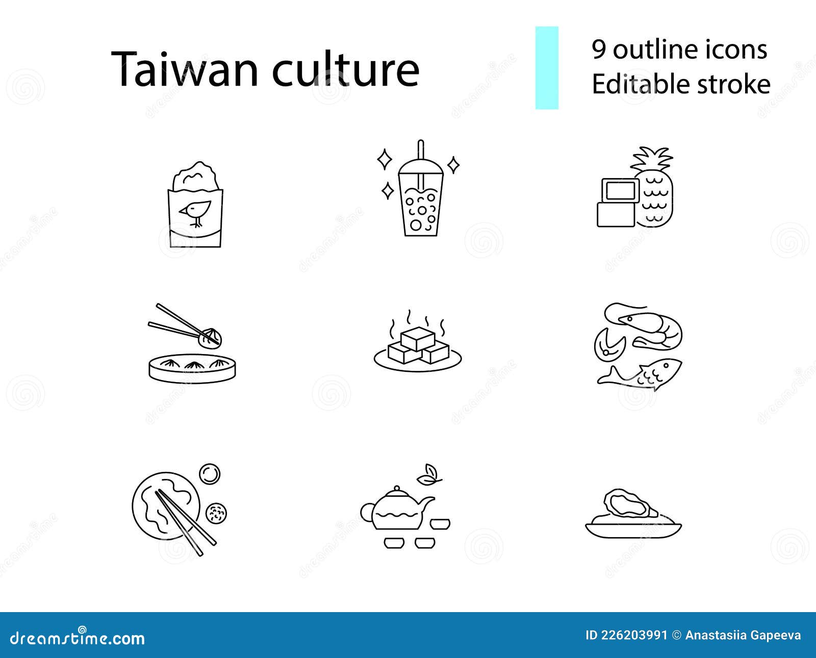 taiwanes national food outline icons set. taiwanese bubble milk tea. editable stroke.   stock 