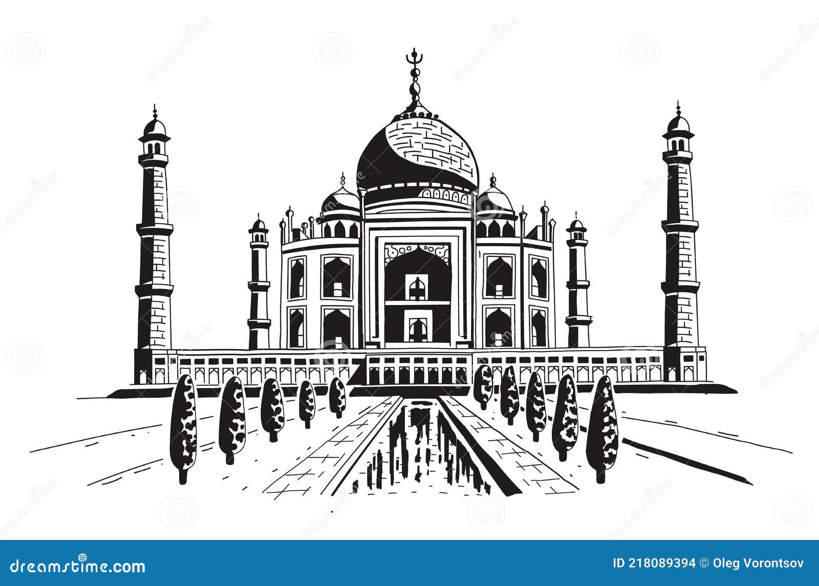 Taj Mahal is a Palace in India. Landmark, Architecture, Hindu Temple.  Mosque Stock Vector - Illustration of engraving, building: 218089394