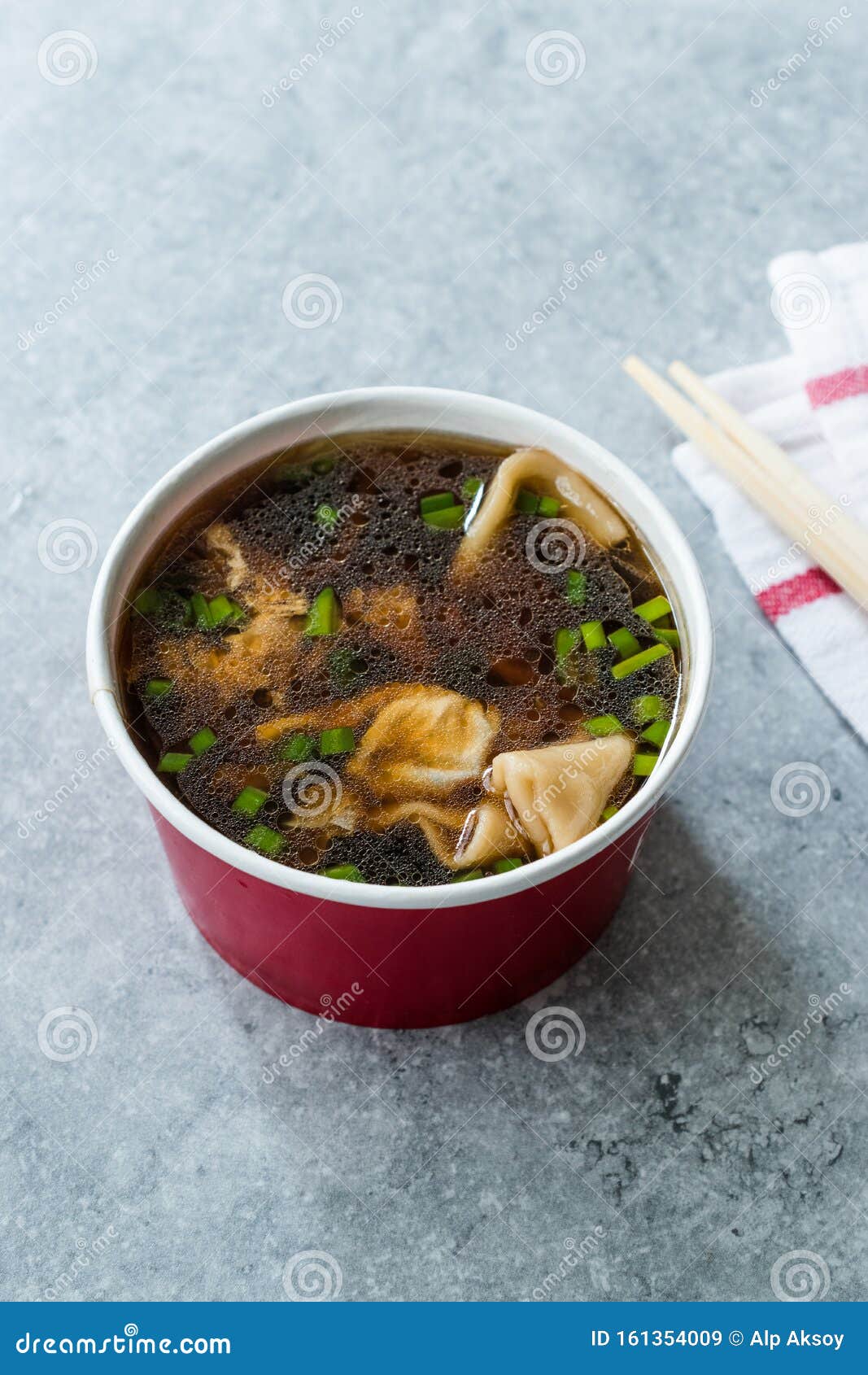Take Away Asian Food Wonton Soup With Bok Choy And Chives In Plastic Bowl Package Or Container Box Stock Image Image Of Oriental Asian